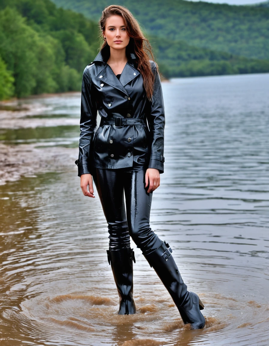 photo of young woman, in soaking wet, drenched clothes,
Muddy black leather knee-high high heeled boots, skin tight black leather jeans, black silk long sleeve polar neck shirt, black leather trench coat, Clear Mountain lake with heavy rain, super close up, 
enjoying, wet clothes stuck to body,
detailed textures of the wet clothes, wet face, wet plastered hair,
wet, drenched, professional, high-quality details, full body view.
sharp focus, ultra-high pixel detail, realistic, high-quality, full colors, incredibly detailed, 4k, 8k, 16k, hyper-realistic, RAW photo, masterpiece, ultra-detailed, professionally color graded, professional photograph, white woman, long dripping wet brown hair
