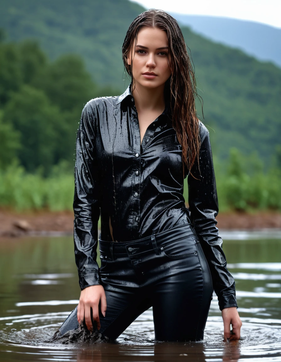 photo of young woman, in soaking wet, drenched clothes,
Muddy black leather knee-high high heeled boots, skin tight black leather jeans, black silk long sleeve leather shirt, Clear Mountain lake with heavy rain, laying submerged in the water, super close up, 
enjoying, wet clothes stuck to body,
detailed textures of the wet clothes, wet face, wet plastered hair,
wet, drenched, professional, high-quality details, full body view.
sharp focus, ultra-high pixel detail, realistic, high-quality, full colors, incredibly detailed, 4k, 8k, 16k, hyper-realistic, RAW photo, masterpiece, ultra-detailed, professionally color graded, professional photograph, white woman, long dripping wet brown hair