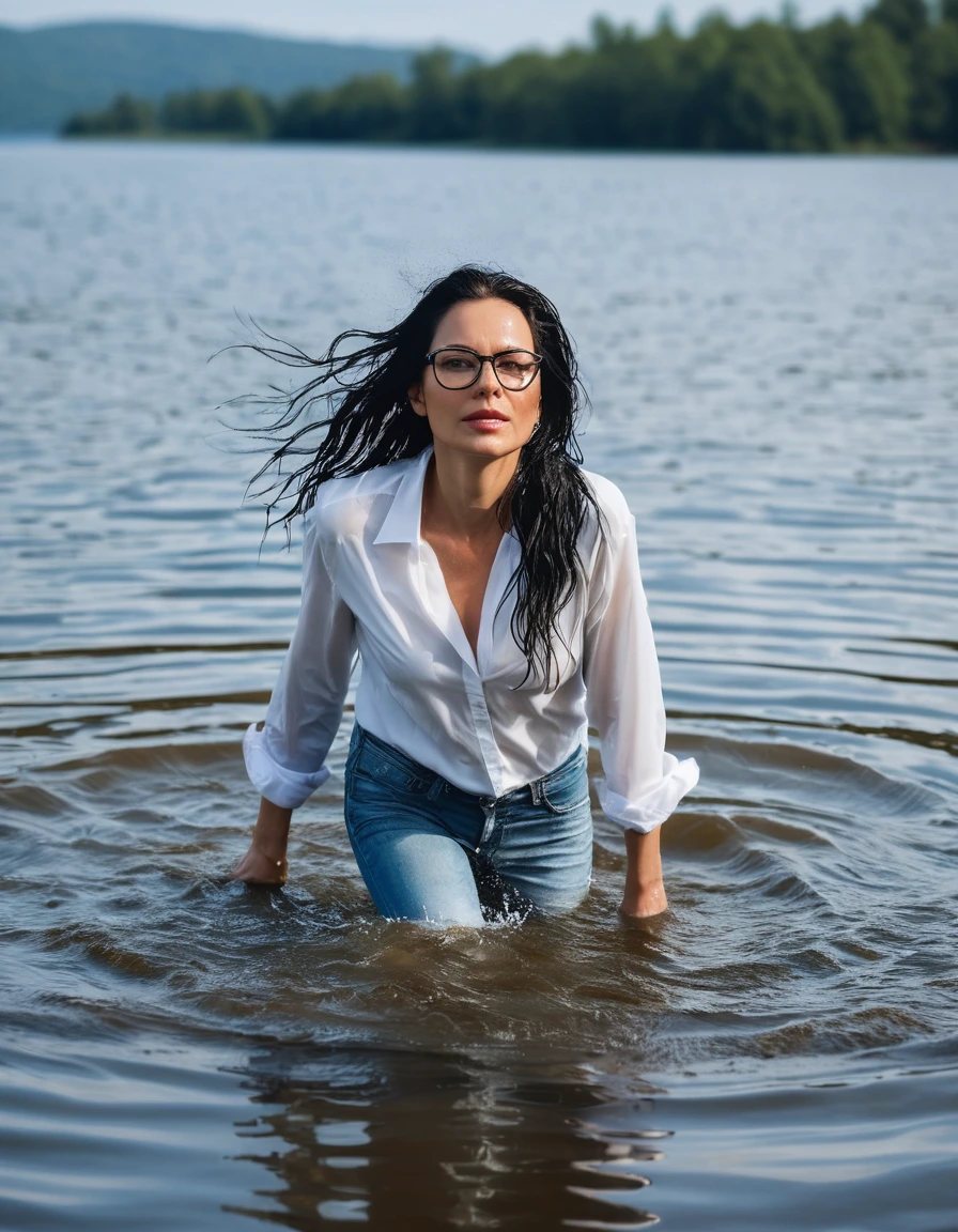 photo of young woman, in soaking wet, drenched clothes,
office shoes , long light blue jeans, white silk shirt, walking submerged in sunny deep lake, 
enjoying, wet clothes stuck to body,
detailed textures of the wet clothes, wet face, wet plastered hair,
wet, drenched, professional, high-quality details, full body view.
sharp focus, ultra-high pixel detail, realistic, high-quality, full colors, incredibly detailed, 4k, 8k, 16k, hyper-realistic, RAW photo, masterpiece, ultra-detailed, professionally color graded, professional photograph, woman 51 years old, long black hair, very big and thick lips, office glasses, complete body, open mouth
