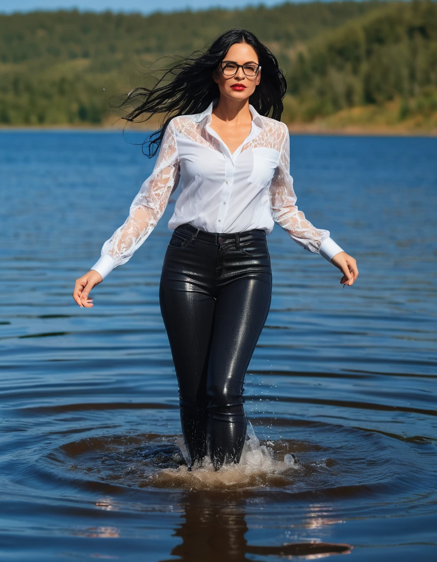 photo of young woman, in soaking wet, drenched clothes,
office shoes , long black tight jeans, white silk lace shirt, walking submerged in sunny deep lake, 
enjoying, wet clothes stuck to body,
detailed textures of the wet clothes, wet face, wet plastered hair,
wet, drenched, professional, high-quality details, full body view.
sharp focus, ultra-high pixel detail, realistic, high-quality, full colors, incredibly detailed, 4k, 8k, 16k, hyper-realistic, RAW photo, masterpiece, ultra-detailed, professionally color graded, professional photograph, woman 51 years old, long black hair, very big and thick lips, office glasses, complete body, open mouth