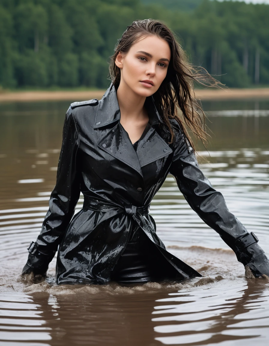 photo of young woman, in soaking wet, drenched clothes,
Muddy black leather knee-high high heeled boots, skin tight black leather jeans, black silk long sleeve polar neck shirt, black leather trench coat, Clear Mountain lake with heavy rain, laying submerged in the water, super close up, 
enjoying, wet clothes stuck to body,
detailed textures of the wet clothes, wet face, wet plastered hair,
wet, drenched, professional, high-quality details, full body view.
sharp focus, ultra-high pixel detail, realistic, high-quality, full colors, incredibly detailed, 4k, 8k, 16k, hyper-realistic, RAW photo, masterpiece, ultra-detailed, professionally color graded, professional photograph, white woman, long dripping wet brown hair