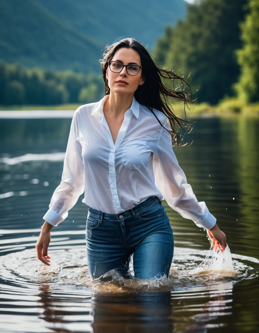 photo of young woman, in soaking wet, drenched clothes,
office shoes , long light blue jeans, white silk shirt, walking submerged in sunny deep lake, 
enjoying, wet clothes stuck to body,
detailed textures of the wet clothes, wet face, wet plastered hair,
wet, drenched, professional, high-quality details, full body view.
sharp focus, ultra-high pixel detail, realistic, high-quality, full colors, incredibly detailed, 4k, 8k, 16k, hyper-realistic, RAW photo, masterpiece, ultra-detailed, professionally color graded, professional photograph, woman 51 years old, long black hair, very big and thick lips, office glasses, complete body, open mouth