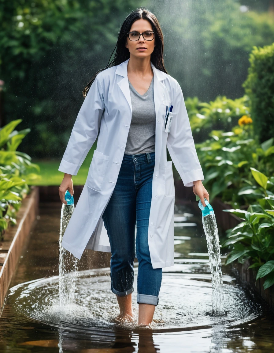 photo of young woman, in soaking wet, drenched clothes,
slippers, long tight light blue jeans, midi tight white medical labcoat with pockets, walking in garden submerged in deep water under sprinklers, 
enjoying, wet clothes stuck to body,
detailed textures of the wet clothes, wet face, wet plastered hair,
wet, drenched, professional, high-quality details, full body view.
sharp focus, ultra-high pixel detail, realistic, high-quality, full colors, incredibly detailed, 4k, 8k, 16k, hyper-realistic, RAW photo, masterpiece, ultra-detailed, professionally color graded, professional photograph, woman 51 years old, long black hair, very big and thick lips, office glasses, complete body, open mouth