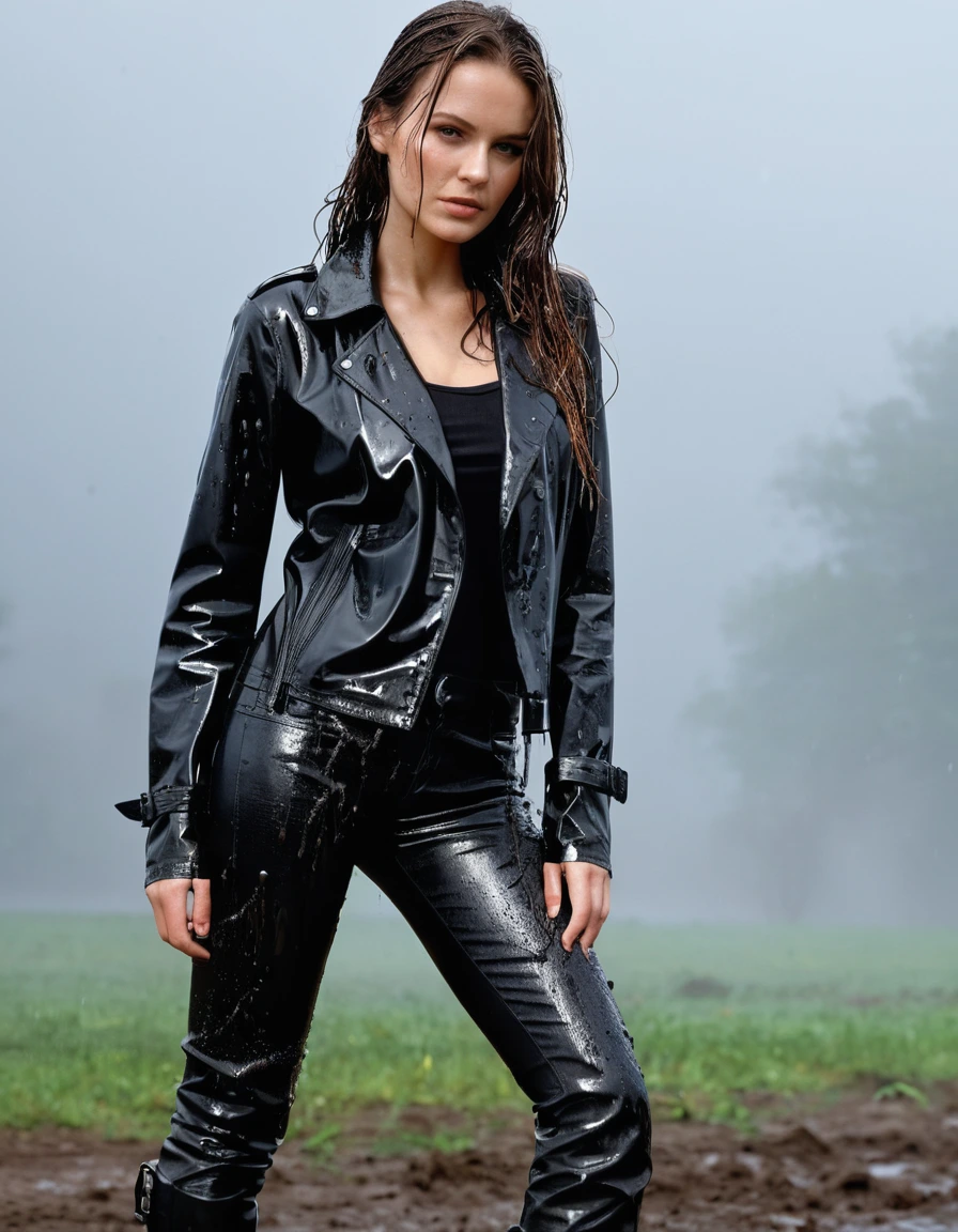photo of young woman, in soaking wet, drenched clothes,
Muddy black leather knee-high high heeled boots, skin tight black leather jeans, black silk long sleeve leather shirt, black bikers leather jacket, black leather trench coat, Shower, super close up, 
enjoying, wet clothes stuck to body,
detailed textures of the wet clothes, wet face, wet plastered hair,
wet, drenched, professional, high-quality details, full body view.
sharp focus, ultra-high pixel detail, realistic, high-quality, full colors, incredibly detailed, 4k, 8k, 16k, hyper-realistic, RAW photo, masterpiece, ultra-detailed, professionally color graded, professional photograph, white woman, long dripping wet brown hair