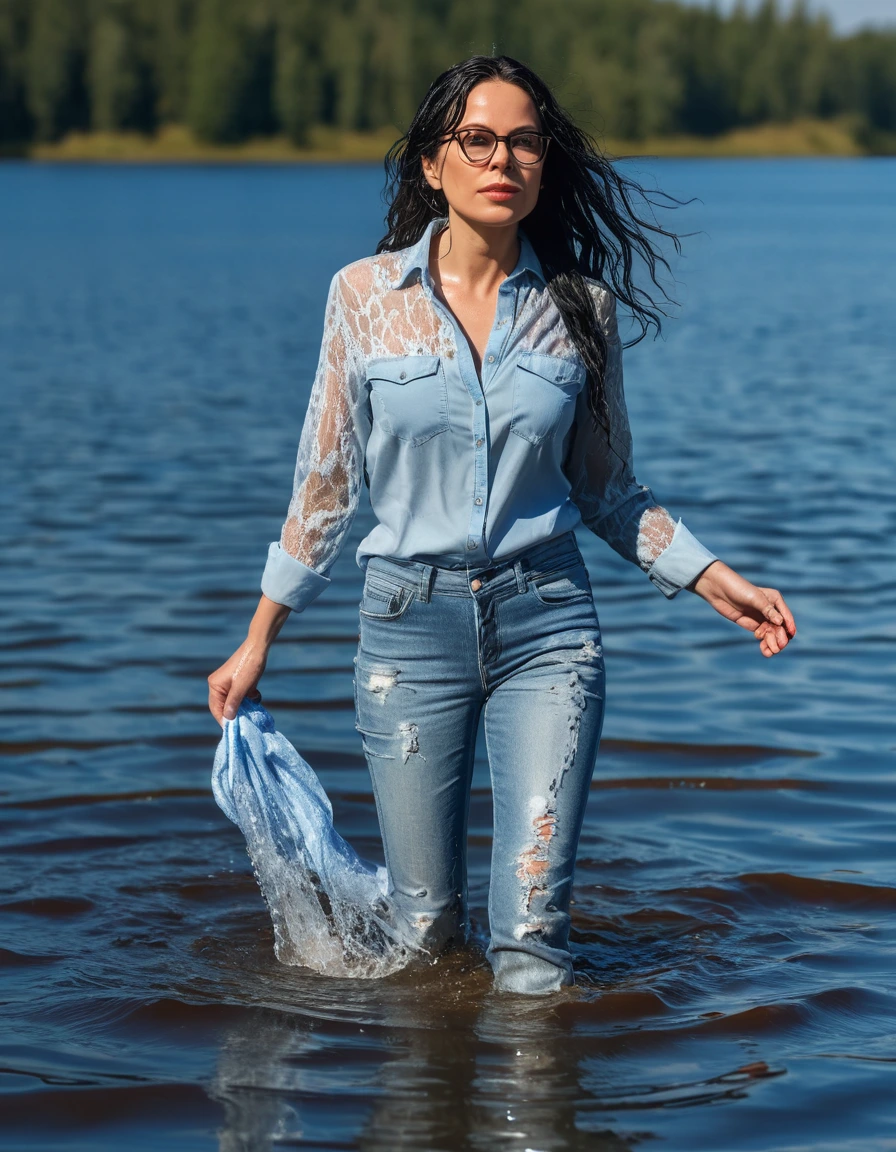 photo of young woman, in soaking wet, drenched clothes,
office shoes , long light blue jeans, light blue silk lace jeans shirt, walking submerged in sunny deep lake, 
enjoying, wet clothes stuck to body,
detailed textures of the wet clothes, wet face, wet plastered hair,
wet, drenched, professional, high-quality details, full body view.
sharp focus, ultra-high pixel detail, realistic, high-quality, full colors, incredibly detailed, 4k, 8k, 16k, hyper-realistic, RAW photo, masterpiece, ultra-detailed, professionally color graded, professional photograph, woman 51 years old, long black hair, very big and thick lips, office glasses, complete body, open mouth