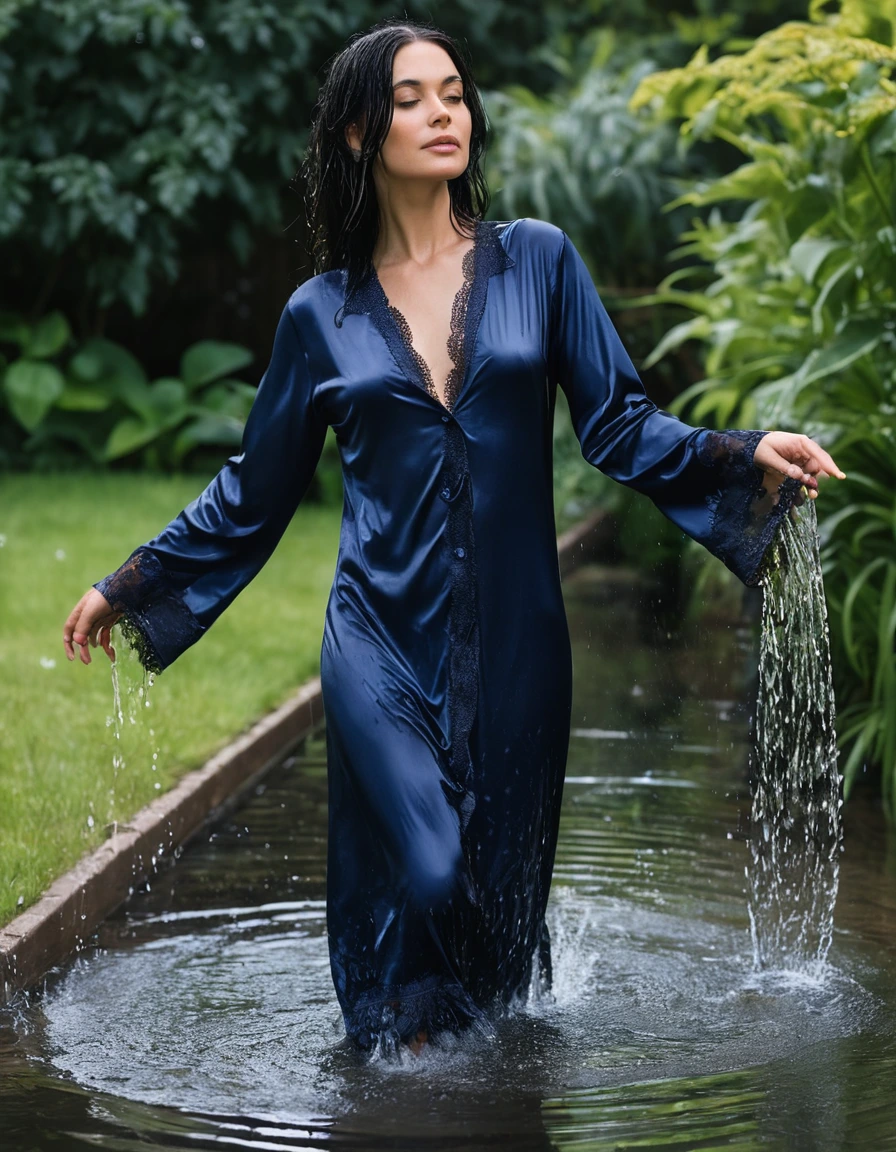 photo of young woman, in soaking wet, drenched clothes,
slippers, maxi tight dark blue silk lace pijama dress, maxi tight dark blue silk lace pijama dress, walking in garden submerged in deep water under sprinklers, 
enjoying, wet clothes stuck to body,
detailed textures of the wet clothes, wet face, wet plastered hair,
wet, drenched, professional, high-quality details, full body view.
sharp focus, ultra-high pixel detail, realistic, high-quality, full colors, incredibly detailed, 4k, 8k, 16k, hyper-realistic, RAW photo, masterpiece, ultra-detailed, professionally color graded, professional photograph, woman 51 years old, long black hair, very big and thick lips, office glasses, complete body, open mouth