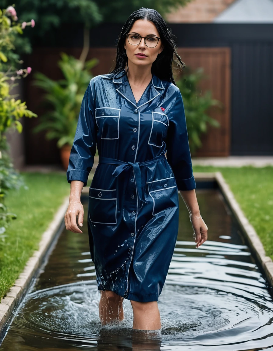 photo of young woman, in soaking wet, drenched clothes,
slippers, midi tight dark blue medical dress with pockets, midi tight dark blue medical dress with pockets, walking in garden submerged in deep water under sprinklers, 
enjoying, wet clothes stuck to body,
detailed textures of the wet clothes, wet face, wet plastered hair,
wet, drenched, professional, high-quality details, full body view.
sharp focus, ultra-high pixel detail, realistic, high-quality, full colors, incredibly detailed, 4k, 8k, 16k, hyper-realistic, RAW photo, masterpiece, ultra-detailed, professionally color graded, professional photograph, woman 51 years old, long black hair, very big and thick lips, office glasses, complete body, open mouth