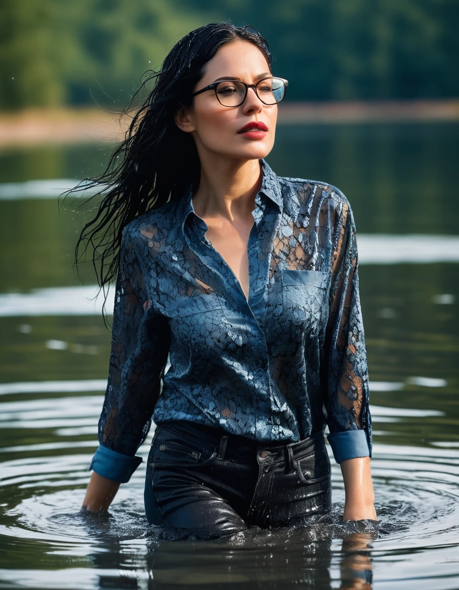 photo of young woman, in soaking wet, drenched clothes,
office shoes , long light blue jeans, black silk lace shirt, walking submerged in sunny deep lake, 
enjoying, wet clothes stuck to body,
detailed textures of the wet clothes, wet face, wet plastered hair,
wet, drenched, professional, high-quality details, full body view.
sharp focus, ultra-high pixel detail, realistic, high-quality, full colors, incredibly detailed, 4k, 8k, 16k, hyper-realistic, RAW photo, masterpiece, ultra-detailed, professionally color graded, professional photograph, woman 51 years old, long black hair, very big and thick lips, office glasses, complete body, open mouth