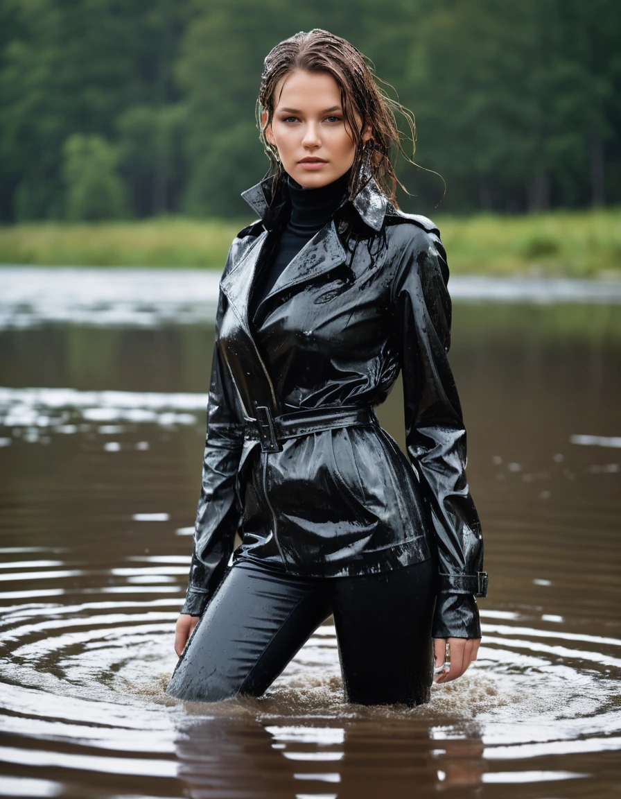 photo of young woman, in soaking wet, drenched clothes,
Muddy black leather knee-high high heeled boots, skin tight black leather jeans, black silk long sleeve polar neck shirt, black leather trench coat, Clear Mountain lake with heavy rain, laying submerged in the water, super close up, 
enjoying, wet clothes stuck to body,
detailed textures of the wet clothes, wet face, wet plastered hair,
wet, drenched, professional, high-quality details, full body view.
sharp focus, ultra-high pixel detail, realistic, high-quality, full colors, incredibly detailed, 4k, 8k, 16k, hyper-realistic, RAW photo, masterpiece, ultra-detailed, professionally color graded, professional photograph, white woman, long dripping wet brown hair