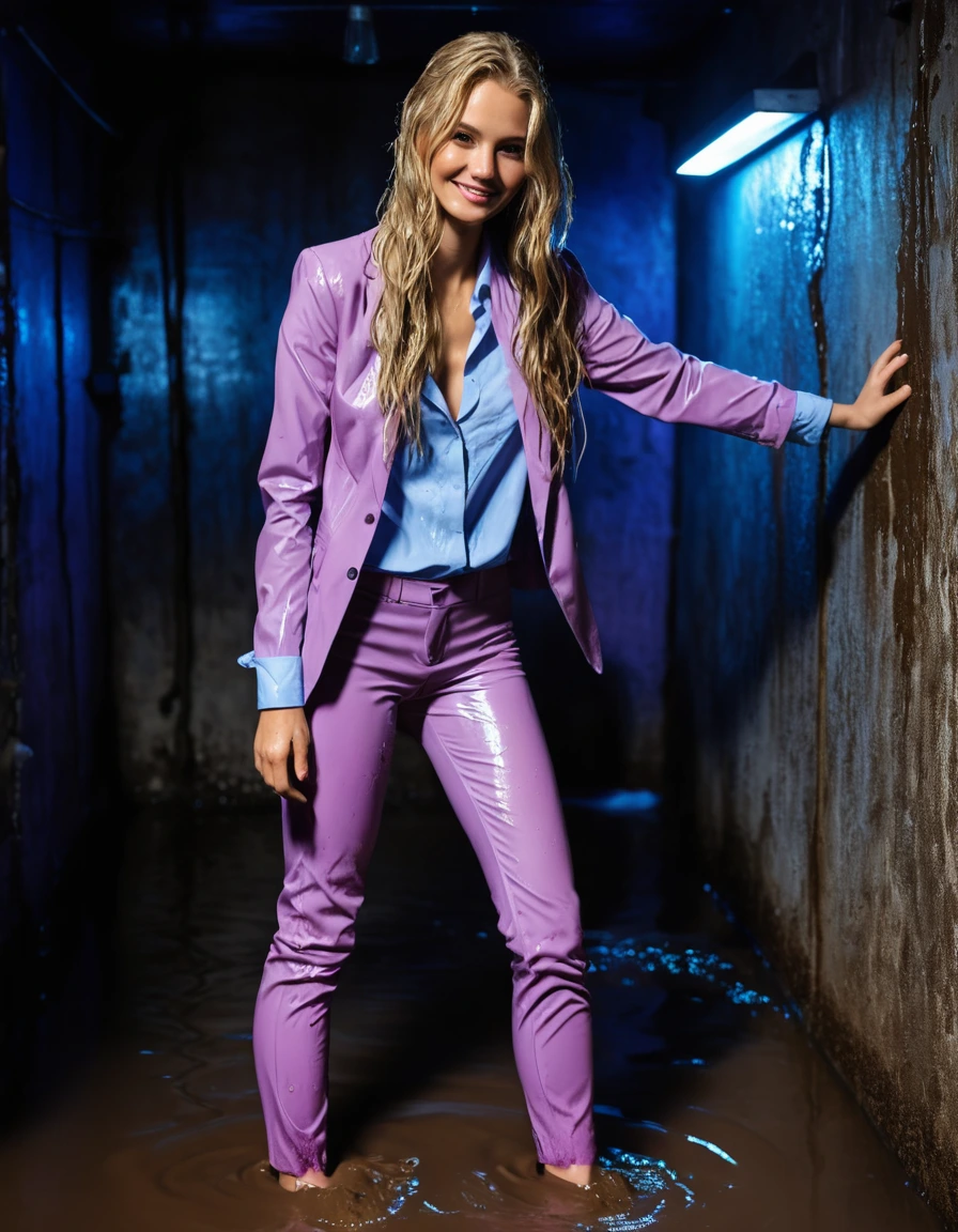 photo of young woman, in soaking wet, drenched clothes,
Muddy high heels, wet lilac long silky thin skinny suit pants, Office shirt, Muddy party in a dark muddy club in the basement. Mud splashed walls with mud-flooded floor. Scattered muddy clothes on the floor, dark mood lighting with blue and pink neon lights., 
enjoying, wet clothes stuck to body,
detailed textures of the wet clothes, wet face, wet plastered hair,
wet, drenched, professional, high-quality details, full body view.
sharp focus, ultra-high pixel detail, realistic, high-quality, full colors, incredibly detailed, 4k, 8k, 16k, hyper-realistic, RAW photo, masterpiece, ultra-detailed, professionally color graded, professional photograph, smile, wet long blonde hair