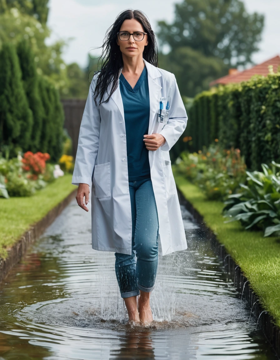 photo of young woman, in soaking wet, drenched clothes,
slippers, long tight light blue jeans, midi tight white medical labcoat with pockets, walking in garden submerged in deep water under sprinklers, 
enjoying, wet clothes stuck to body,
detailed textures of the wet clothes, wet face, wet plastered hair,
wet, drenched, professional, high-quality details, full body view.
sharp focus, ultra-high pixel detail, realistic, high-quality, full colors, incredibly detailed, 4k, 8k, 16k, hyper-realistic, RAW photo, masterpiece, ultra-detailed, professionally color graded, professional photograph, woman 51 years old, long black hair, very big and thick lips, office glasses, complete body, open mouth