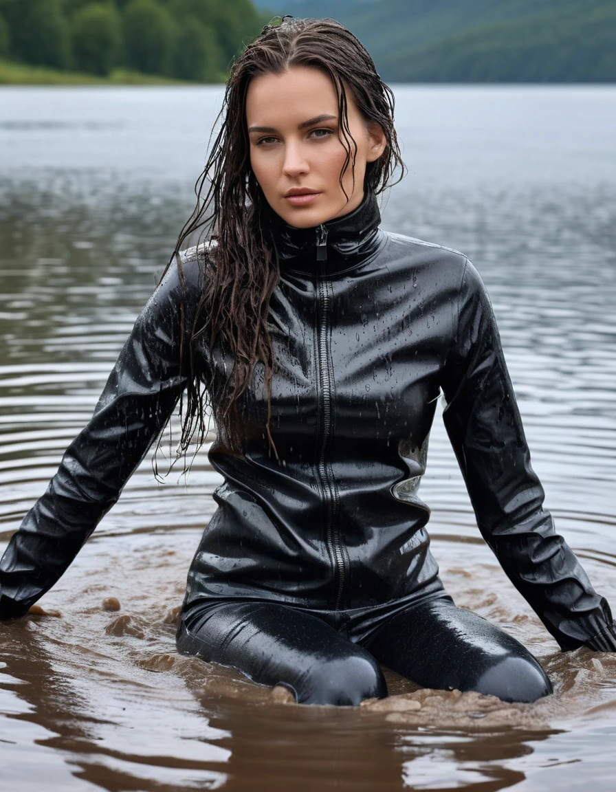 photo of young woman, in soaking wet, drenched clothes,
Muddy black leather knee-high high heeled boots, skin tight black leather jeans, black silk long sleeve polar neck shirt, Clear Mountain lake with heavy rain, laying submerged in the water, super close up, 
enjoying, wet clothes stuck to body,
detailed textures of the wet clothes, wet face, wet plastered hair,
wet, drenched, professional, high-quality details, full body view.
sharp focus, ultra-high pixel detail, realistic, high-quality, full colors, incredibly detailed, 4k, 8k, 16k, hyper-realistic, RAW photo, masterpiece, ultra-detailed, professionally color graded, professional photograph, white woman, long dripping wet brown hair
