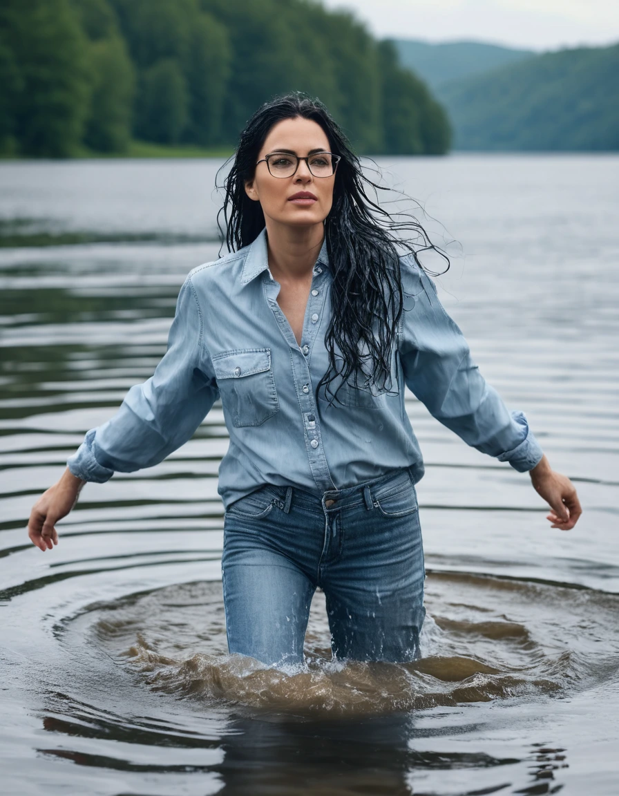 photo of young woman, in soaking wet, drenched clothes,
office shoes , long light blue jeans, light blue jeans shirt, walking submerged in sunny deep lake, 
enjoying, wet clothes stuck to body,
detailed textures of the wet clothes, wet face, wet plastered hair,
wet, drenched, professional, high-quality details, full body view.
sharp focus, ultra-high pixel detail, realistic, high-quality, full colors, incredibly detailed, 4k, 8k, 16k, hyper-realistic, RAW photo, masterpiece, ultra-detailed, professionally color graded, professional photograph, woman 51 years old, long black hair, very big and thick lips, office glasses, complete body, open mouth