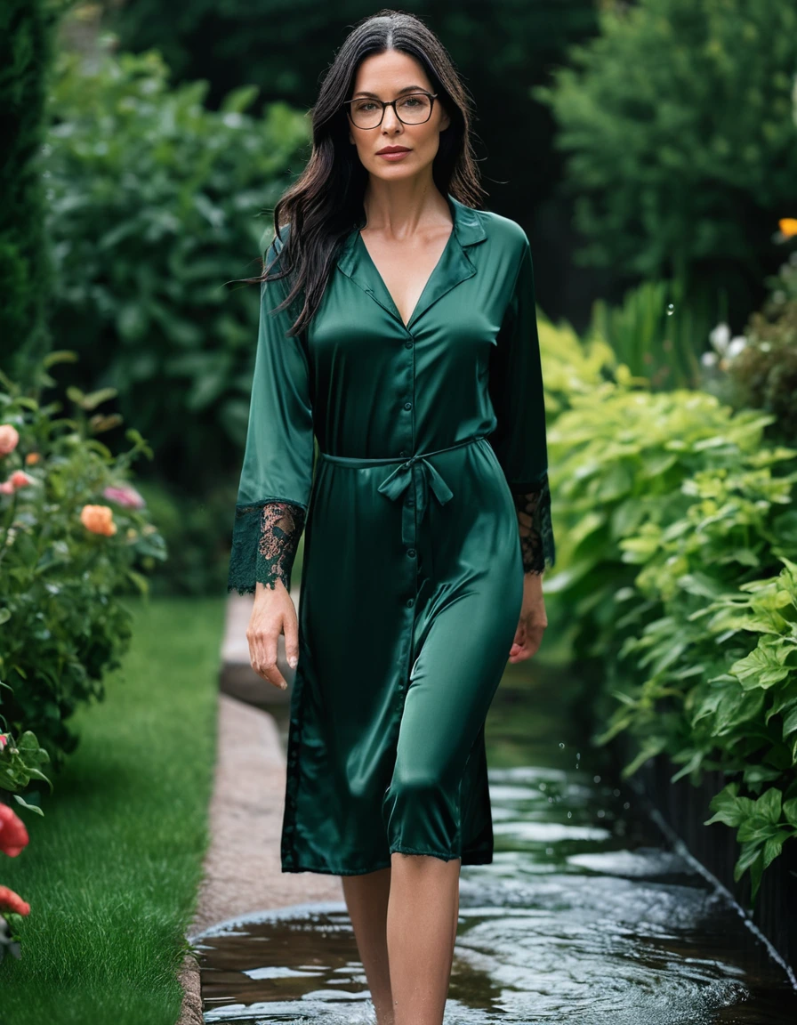 photo of young woman, in soaking wet, drenched clothes,
slippers, midi tight dark green silk lace pijama dress, midi tight dark green silk lace pijama dress, walking in garden, 
enjoying, wet clothes stuck to body,
detailed textures of the wet clothes, wet face, wet plastered hair,
wet, drenched, professional, high-quality details, full body view.
sharp focus, ultra-high pixel detail, realistic, high-quality, full colors, incredibly detailed, 4k, 8k, 16k, hyper-realistic, RAW photo, masterpiece, ultra-detailed, professionally color graded, professional photograph, woman 51 years old, long black hair, very big and thick lips, office glasses, complete body, open mouth
