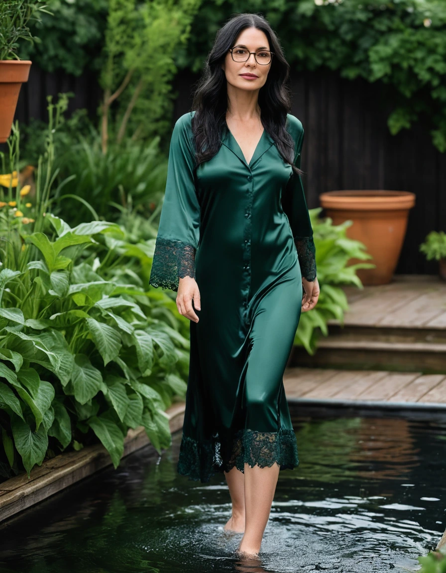 photo of young woman, in soaking wet, drenched clothes,
slippers, midi tight dark green silk lace pijama dress, midi tight dark green silk lace pijama dress, walking in garden, 
enjoying, wet clothes stuck to body,
detailed textures of the wet clothes, wet face, wet plastered hair,
wet, drenched, professional, high-quality details, full body view.
sharp focus, ultra-high pixel detail, realistic, high-quality, full colors, incredibly detailed, 4k, 8k, 16k, hyper-realistic, RAW photo, masterpiece, ultra-detailed, professionally color graded, professional photograph, woman 51 years old, long black hair, very big and thick lips, office glasses, complete body, open mouth
