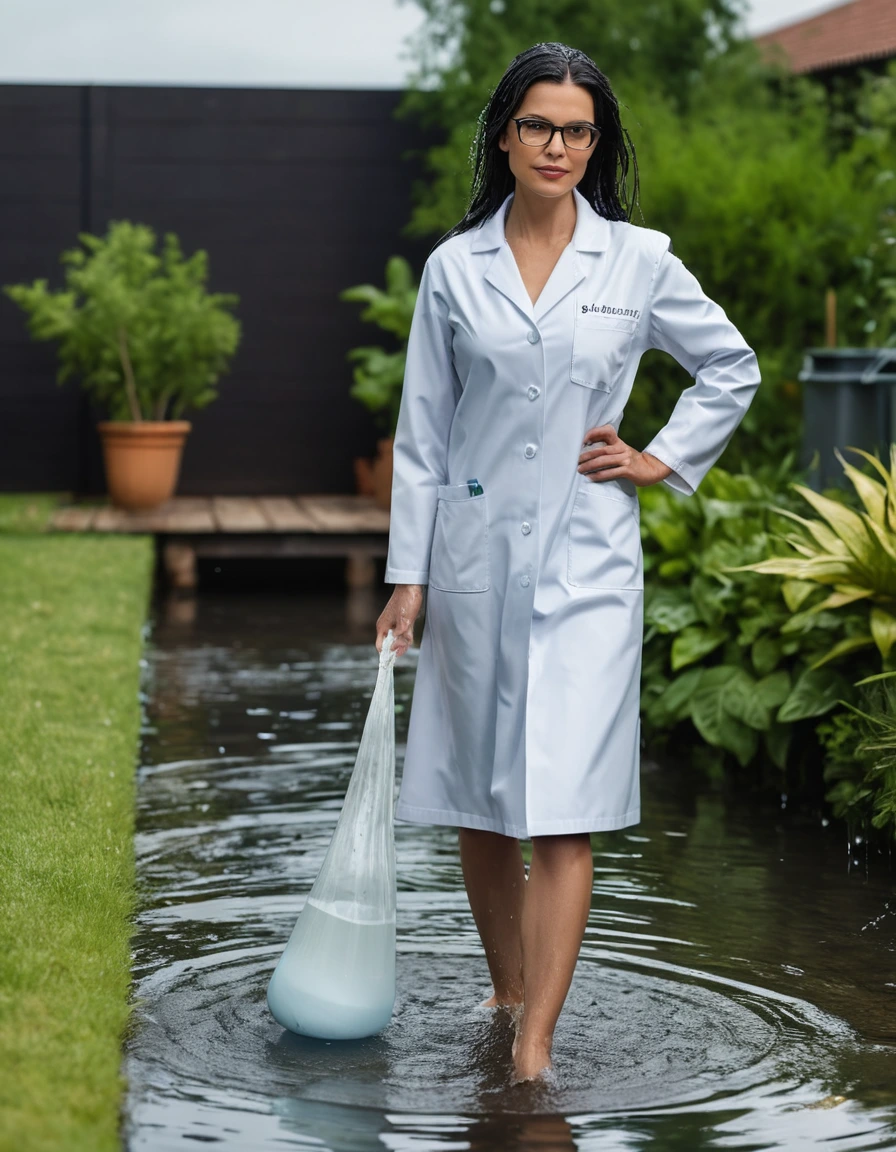 photo of young woman, in soaking wet, drenched clothes,
slippers, midi tight white leather skirt, midi tight white medical labcoat with pockets, walking in garden submerged in deep water under sprinklers, 
enjoying, wet clothes stuck to body,
detailed textures of the wet clothes, wet face, wet plastered hair,
wet, drenched, professional, high-quality details, full body view.
sharp focus, ultra-high pixel detail, realistic, high-quality, full colors, incredibly detailed, 4k, 8k, 16k, hyper-realistic, RAW photo, masterpiece, ultra-detailed, professionally color graded, professional photograph, woman 51 years old, long black hair, very big and thick lips, office glasses, complete body, open mouth