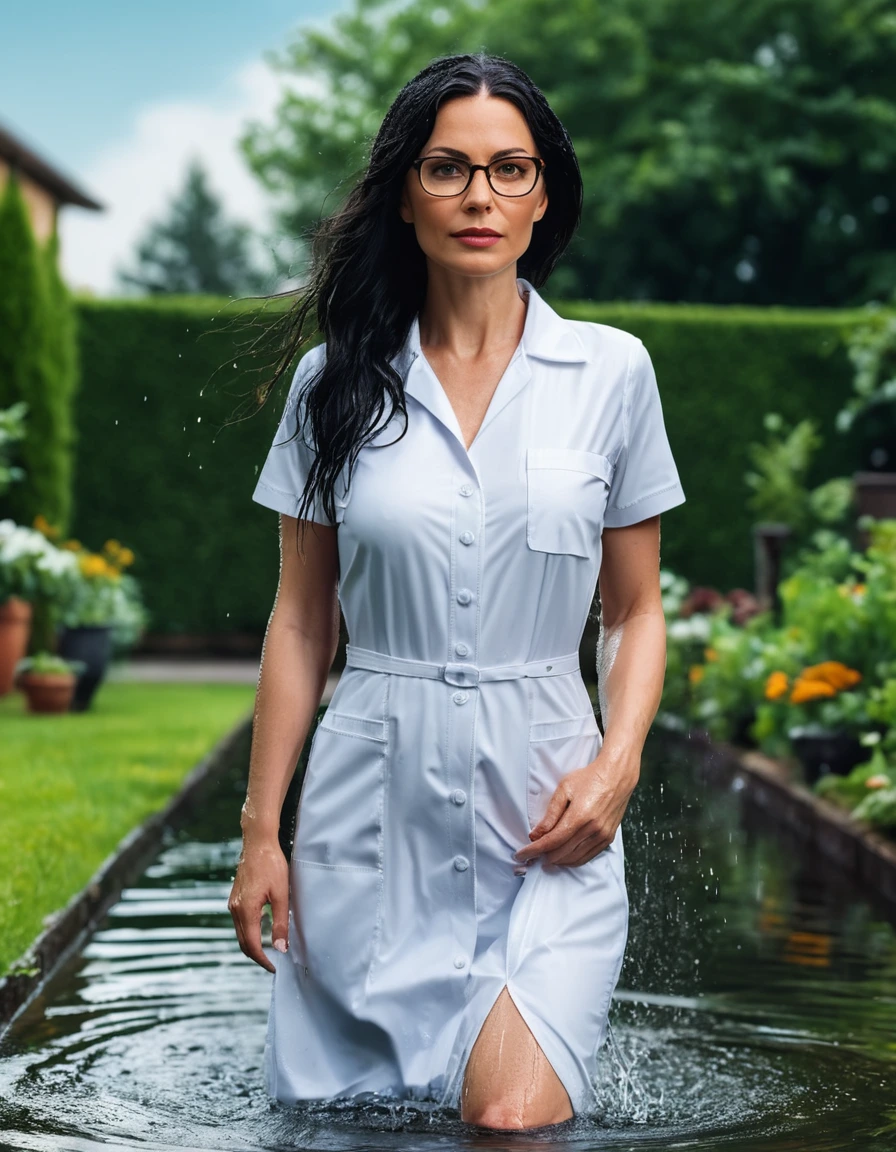 photo of young woman, in soaking wet, drenched clothes,
slippers, midi tight white medical dress with pockets, midi tight white medical dress with pockets, walking in garden submerged in deep water under sprinklers, 
enjoying, wet clothes stuck to body,
detailed textures of the wet clothes, wet face, wet plastered hair,
wet, drenched, professional, high-quality details, full body view.
sharp focus, ultra-high pixel detail, realistic, high-quality, full colors, incredibly detailed, 4k, 8k, 16k, hyper-realistic, RAW photo, masterpiece, ultra-detailed, professionally color graded, professional photograph, woman 51 years old, long black hair, very big and thick lips, office glasses, complete body, open mouth