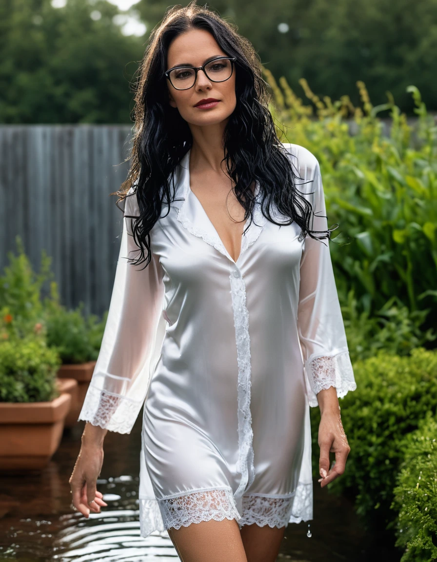 photo of young woman, in soaking wet, drenched clothes,
slippers, midi tight white silk lace pijama dress, midi tight white silk lace pijama dress, walking in garden, 
enjoying, wet clothes stuck to body,
detailed textures of the wet clothes, wet face, wet plastered hair,
wet, drenched, professional, high-quality details, full body view.
sharp focus, ultra-high pixel detail, realistic, high-quality, full colors, incredibly detailed, 4k, 8k, 16k, hyper-realistic, RAW photo, masterpiece, ultra-detailed, professionally color graded, professional photograph, woman 51 years old, long black hair, very big and thick lips, office glasses, complete body, open mouth