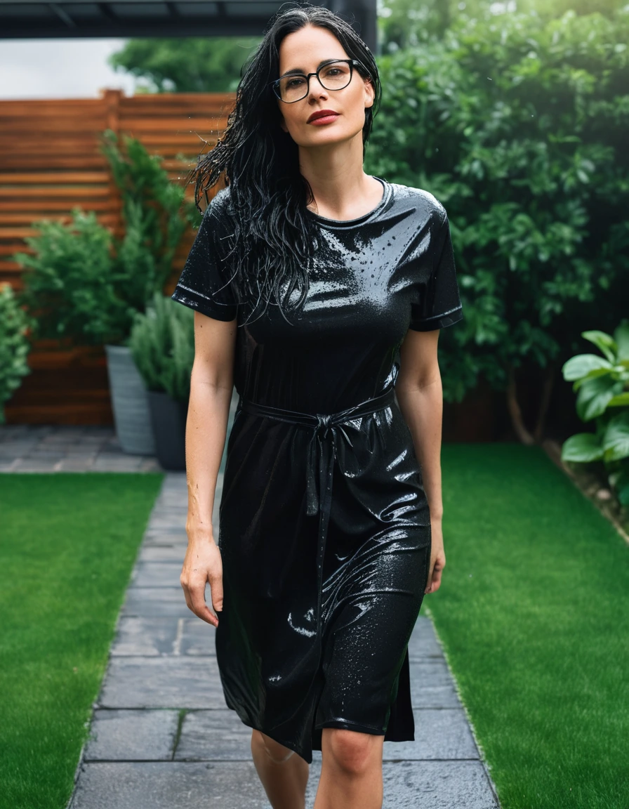 photo of young woman, in soaking wet, drenched clothes,
office shoes , midi black t-shirt dress, midi black t-shirt dress, walking in garden, 
enjoying, wet clothes stuck to body,
detailed textures of the wet clothes, wet face, wet plastered hair,
wet, drenched, professional, high-quality details, full body view.
sharp focus, ultra-high pixel detail, realistic, high-quality, full colors, incredibly detailed, 4k, 8k, 16k, hyper-realistic, RAW photo, masterpiece, ultra-detailed, professionally color graded, professional photograph, woman 51 years old, long black hair, very big and thick lips, office glasses, complete body, open mouth