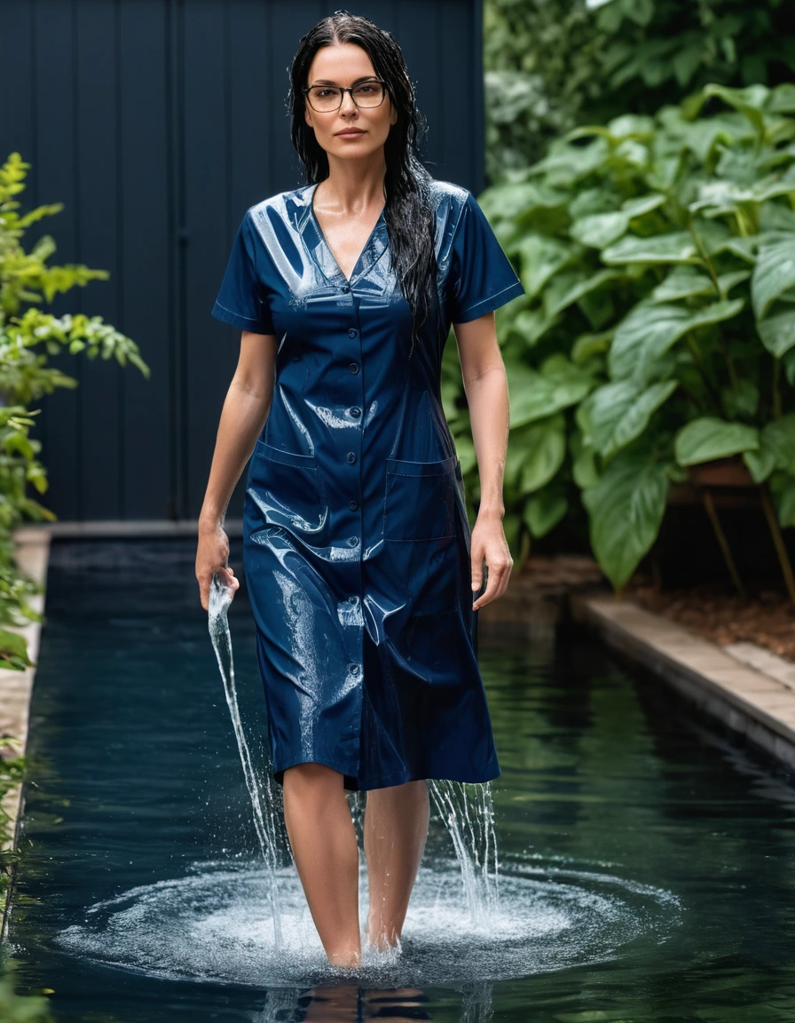 photo of young woman, in soaking wet, drenched clothes,
slippers, midi tight dark blue medical dress with pockets, midi tight dark blue medical dress with pockets, walking in garden submerged in deep water under sprinklers, 
enjoying, wet clothes stuck to body,
detailed textures of the wet clothes, wet face, wet plastered hair,
wet, drenched, professional, high-quality details, full body view.
sharp focus, ultra-high pixel detail, realistic, high-quality, full colors, incredibly detailed, 4k, 8k, 16k, hyper-realistic, RAW photo, masterpiece, ultra-detailed, professionally color graded, professional photograph, woman 51 years old, long black hair, very big and thick lips, office glasses, complete body, open mouth