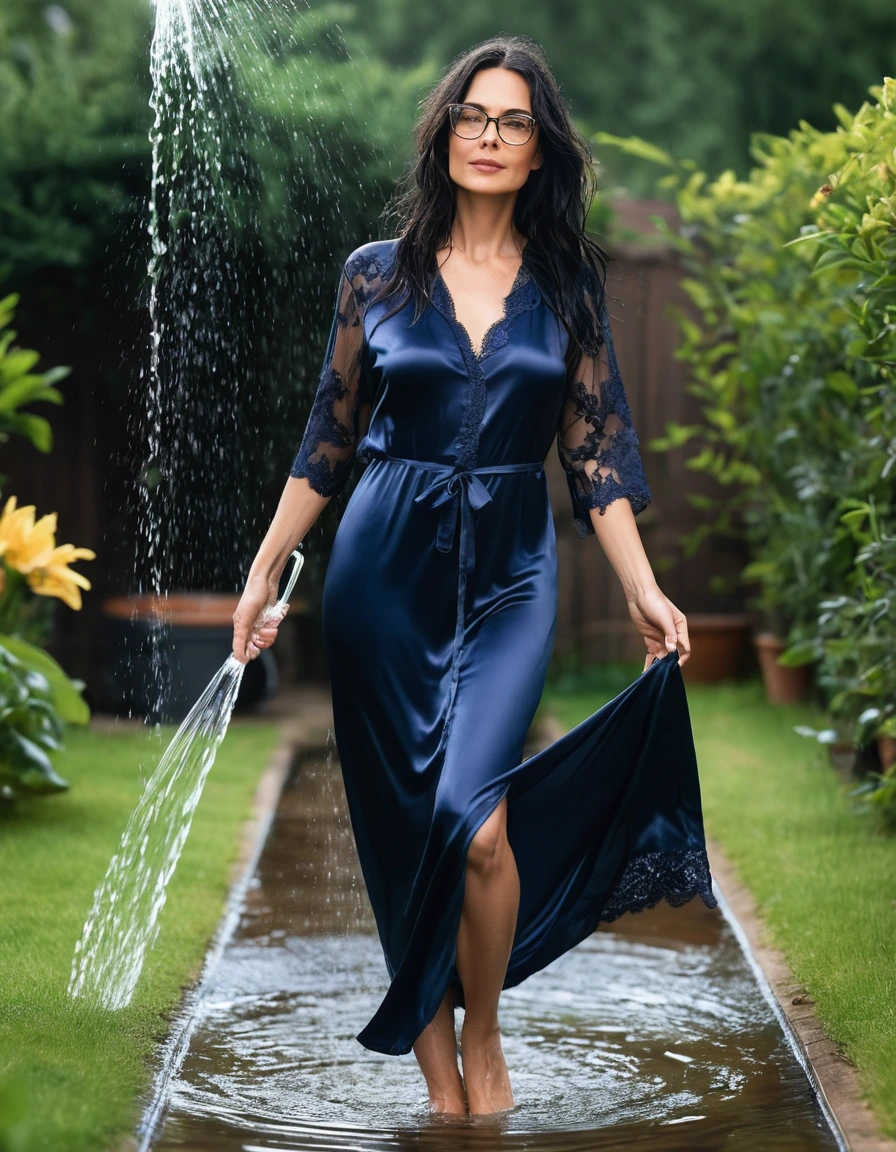 photo of young woman, in soaking wet, drenched clothes,
slippers, maxi tight dark blue silk satin lace pijama dress, maxi dark blue silk satin lace pijama dress, walking in garden under sprinklers, 
enjoying, wet clothes stuck to body,
detailed textures of the wet clothes, wet face, wet plastered hair,
wet, drenched, professional, high-quality details, full body view.
sharp focus, ultra-high pixel detail, realistic, high-quality, full colors, incredibly detailed, 4k, 8k, 16k, hyper-realistic, RAW photo, masterpiece, ultra-detailed, professionally color graded, professional photograph, woman 51 years old, long black hair, very big and thick lips, office glasses, complete body, open mouth