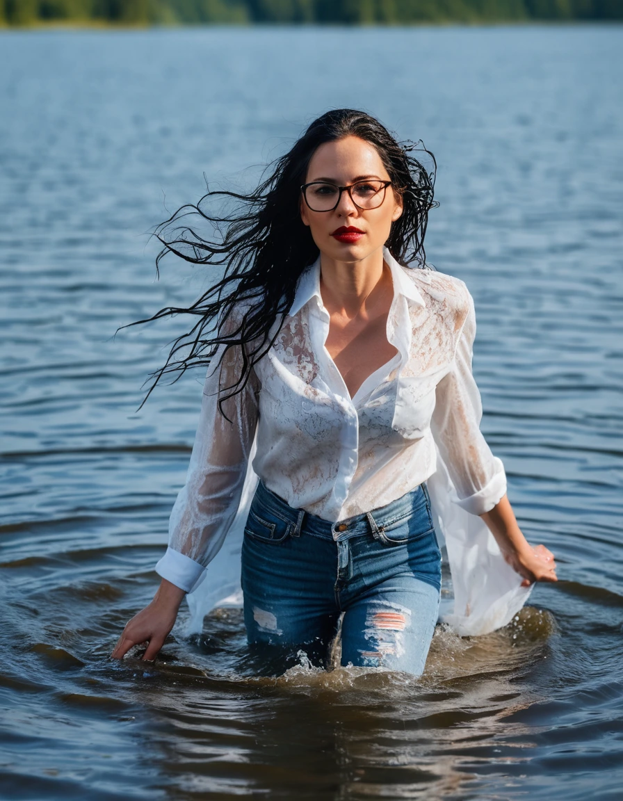 photo of young woman, in soaking wet, drenched clothes,
office shoes , long light blue jeans, white silk lace shirt, walking submerged in sunny deep lake, 
enjoying, wet clothes stuck to body,
detailed textures of the wet clothes, wet face, wet plastered hair,
wet, drenched, professional, high-quality details, full body view.
sharp focus, ultra-high pixel detail, realistic, high-quality, full colors, incredibly detailed, 4k, 8k, 16k, hyper-realistic, RAW photo, masterpiece, ultra-detailed, professionally color graded, professional photograph, woman 51 years old, long black hair, very big and thick lips, office glasses, complete body, open mouth