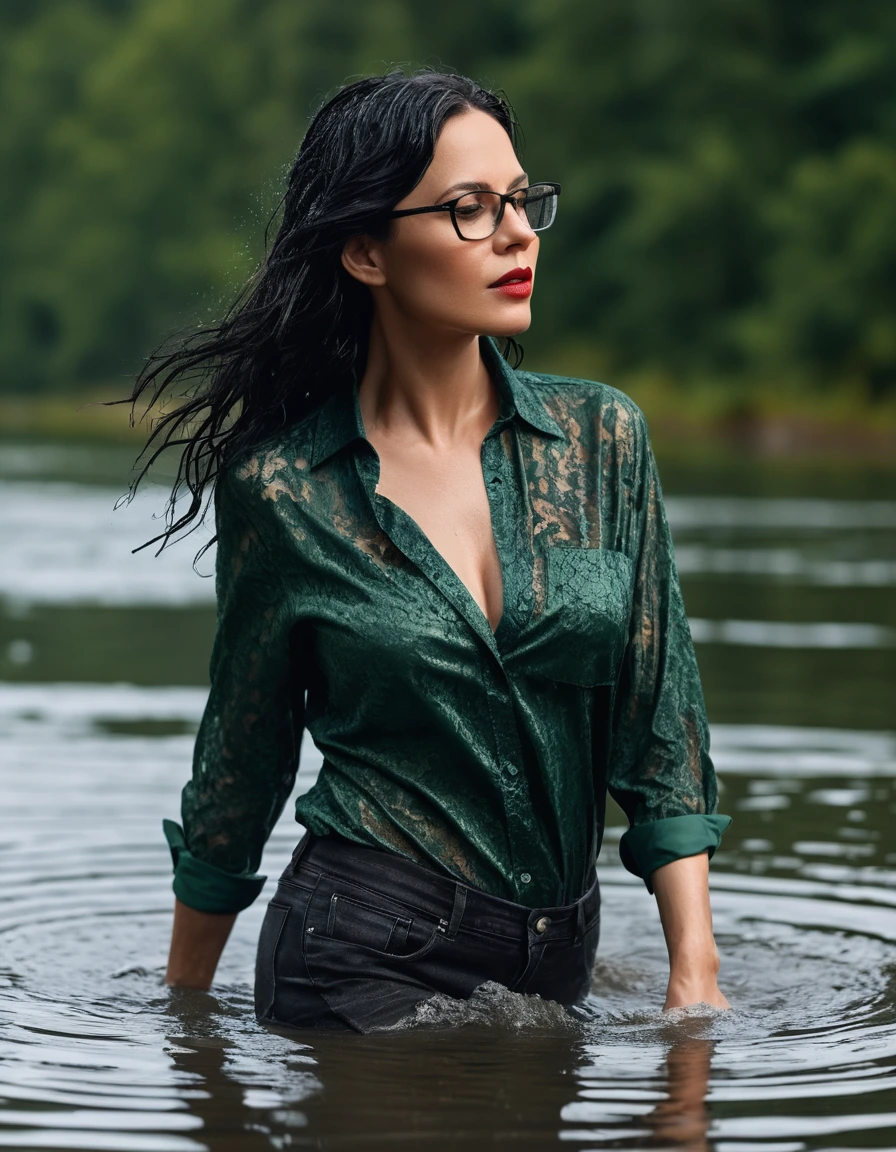 photo of young woman, in soaking wet, drenched clothes,
office shoes , long black tight jeans, dark green silk lace shirt, walking submerged in sunny deep lake, 
enjoying, wet clothes stuck to body,
detailed textures of the wet clothes, wet face, wet plastered hair,
wet, drenched, professional, high-quality details, full body view.
sharp focus, ultra-high pixel detail, realistic, high-quality, full colors, incredibly detailed, 4k, 8k, 16k, hyper-realistic, RAW photo, masterpiece, ultra-detailed, professionally color graded, professional photograph, woman 51 years old, long black hair, very big and thick lips, office glasses, complete body, open mouth