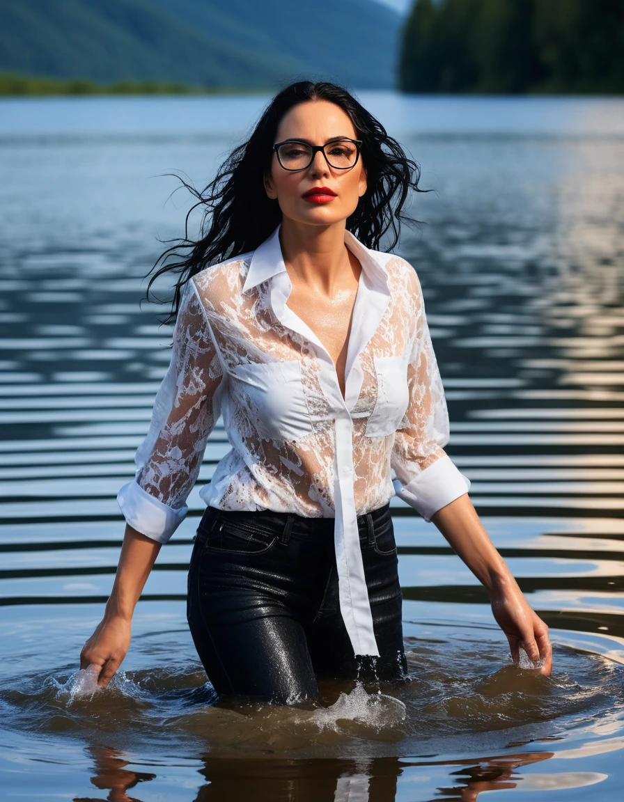 photo of young woman, in soaking wet, drenched clothes,
office shoes , long black tight jeans, white silk lace shirt, walking submerged in sunny deep lake, 
enjoying, wet clothes stuck to body,
detailed textures of the wet clothes, wet face, wet plastered hair,
wet, drenched, professional, high-quality details, full body view.
sharp focus, ultra-high pixel detail, realistic, high-quality, full colors, incredibly detailed, 4k, 8k, 16k, hyper-realistic, RAW photo, masterpiece, ultra-detailed, professionally color graded, professional photograph, woman 51 years old, long black hair, very big and thick lips, office glasses, complete body, open mouth