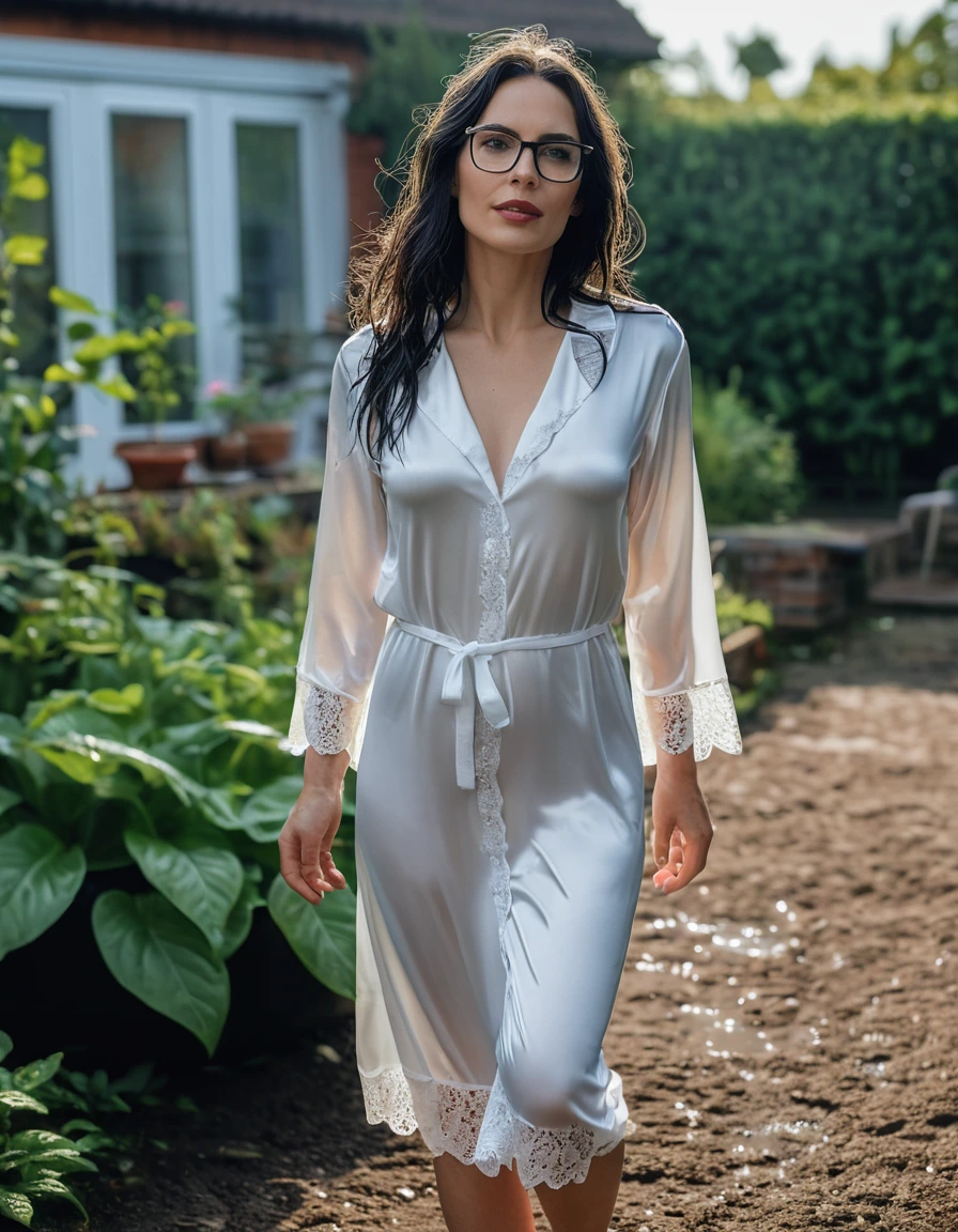 photo of young woman, in soaking wet, drenched clothes,
slippers, midi tight white silk lace pijama dress, midi tight white silk lace pijama dress, walking in garden, 
enjoying, wet clothes stuck to body,
detailed textures of the wet clothes, wet face, wet plastered hair,
wet, drenched, professional, high-quality details, full body view.
sharp focus, ultra-high pixel detail, realistic, high-quality, full colors, incredibly detailed, 4k, 8k, 16k, hyper-realistic, RAW photo, masterpiece, ultra-detailed, professionally color graded, professional photograph, woman 51 years old, long black hair, very big and thick lips, office glasses, complete body, open mouth