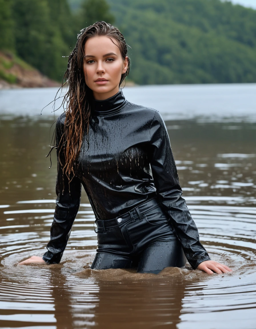 photo of young woman, in soaking wet, drenched clothes,
Muddy black leather knee-high high heeled boots, skin tight black leather jeans, black silk long sleeve polar neck shirt, Clear Mountain lake with heavy rain, laying submerged in the water, super close up, 
enjoying, wet clothes stuck to body,
detailed textures of the wet clothes, wet face, wet plastered hair,
wet, drenched, professional, high-quality details, full body view.
sharp focus, ultra-high pixel detail, realistic, high-quality, full colors, incredibly detailed, 4k, 8k, 16k, hyper-realistic, RAW photo, masterpiece, ultra-detailed, professionally color graded, professional photograph, white woman, long dripping wet brown hair