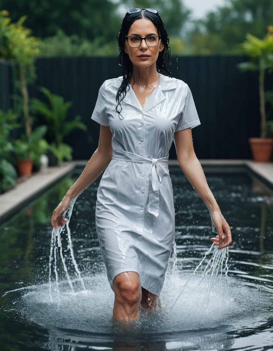 photo of young woman, in soaking wet, drenched clothes,
slippers, midi tight white medical dress, midi tight white medical dress, walking in garden submerged in deep water under sprinklers, 
enjoying, wet clothes stuck to body,
detailed textures of the wet clothes, wet face, wet plastered hair,
wet, drenched, professional, high-quality details, full body view.
sharp focus, ultra-high pixel detail, realistic, high-quality, full colors, incredibly detailed, 4k, 8k, 16k, hyper-realistic, RAW photo, masterpiece, ultra-detailed, professionally color graded, professional photograph, woman 51 years old, long black hair, very big and thick lips, office glasses, complete body, open mouth