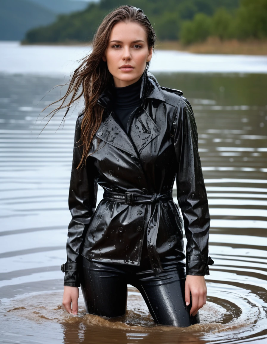 photo of young woman, in soaking wet, drenched clothes,
Muddy black leather knee-high high heeled boots, skin tight black leather jeans, black silk long sleeve polar neck shirt, black leather trench coat, Clear Mountain lake with heavy rain, super close up, 
enjoying, wet clothes stuck to body,
detailed textures of the wet clothes, wet face, wet plastered hair,
wet, drenched, professional, high-quality details, full body view.
sharp focus, ultra-high pixel detail, realistic, high-quality, full colors, incredibly detailed, 4k, 8k, 16k, hyper-realistic, RAW photo, masterpiece, ultra-detailed, professionally color graded, professional photograph, white woman, long dripping wet brown hair