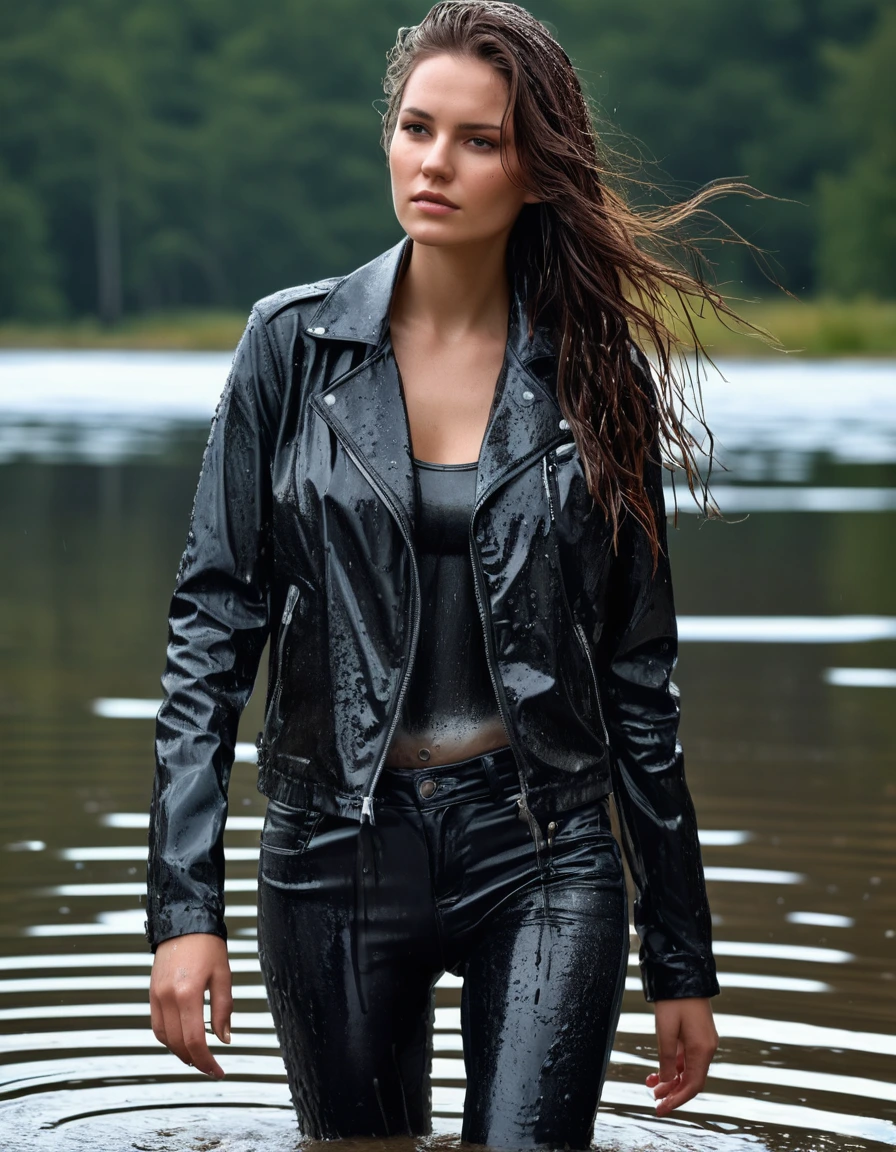 photo of young woman, in soaking wet, drenched clothes,
Muddy black leather knee-high high heeled boots, skin tight black leather jeans, black silk long sleeve polar neck shirt, black bikers leather jacket, Clear Mountain lake with heavy rain, super close up, 
enjoying, wet clothes stuck to body,
detailed textures of the wet clothes, wet face, wet plastered hair,
wet, drenched, professional, high-quality details, full body view.
sharp focus, ultra-high pixel detail, realistic, high-quality, full colors, incredibly detailed, 4k, 8k, 16k, hyper-realistic, RAW photo, masterpiece, ultra-detailed, professionally color graded, professional photograph, white woman, long dripping wet brown hair
