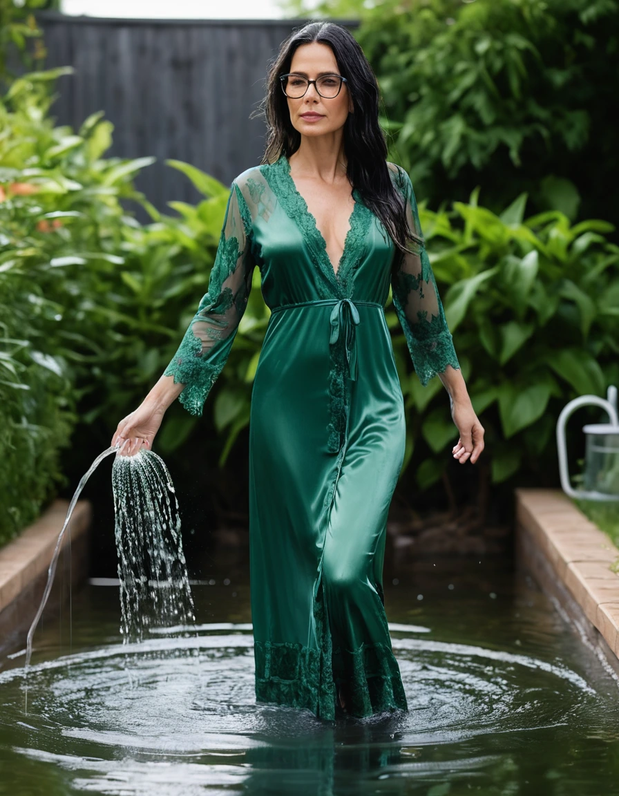 photo of young woman, in soaking wet, drenched clothes,
slippers, maxi tight green silk lace pijama dress, maxi tight green silk lace pijama dress, walking in garden submerged in deep water under sprinklers, 
enjoying, wet clothes stuck to body,
detailed textures of the wet clothes, wet face, wet plastered hair,
wet, drenched, professional, high-quality details, full body view.
sharp focus, ultra-high pixel detail, realistic, high-quality, full colors, incredibly detailed, 4k, 8k, 16k, hyper-realistic, RAW photo, masterpiece, ultra-detailed, professionally color graded, professional photograph, woman 51 years old, long black hair, very big and thick lips, office glasses, complete body, open mouth
