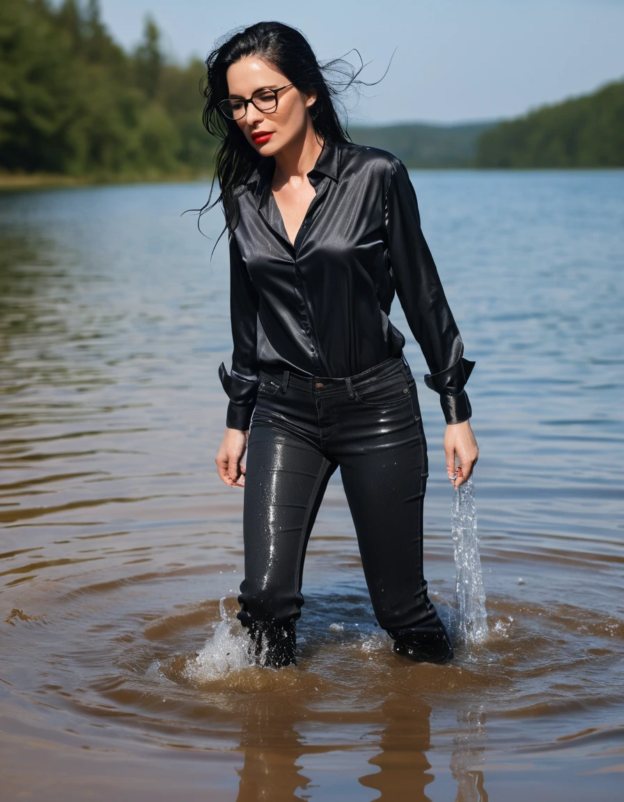 photo of young woman, in soaking wet, drenched clothes,
office shoes , long black tight jeans, black silk satin shirt, walking submerged in deep sunny lake, 
enjoying, wet clothes stuck to body,
detailed textures of the wet clothes, wet face, wet plastered hair,
wet, drenched, professional, high-quality details, full body view.
sharp focus, ultra-high pixel detail, realistic, high-quality, full colors, incredibly detailed, 4k, 8k, 16k, hyper-realistic, RAW photo, masterpiece, ultra-detailed, professionally color graded, professional photograph, woman 51 years old, long black hair, very big and thick lips, office glasses, complete body, open mouth