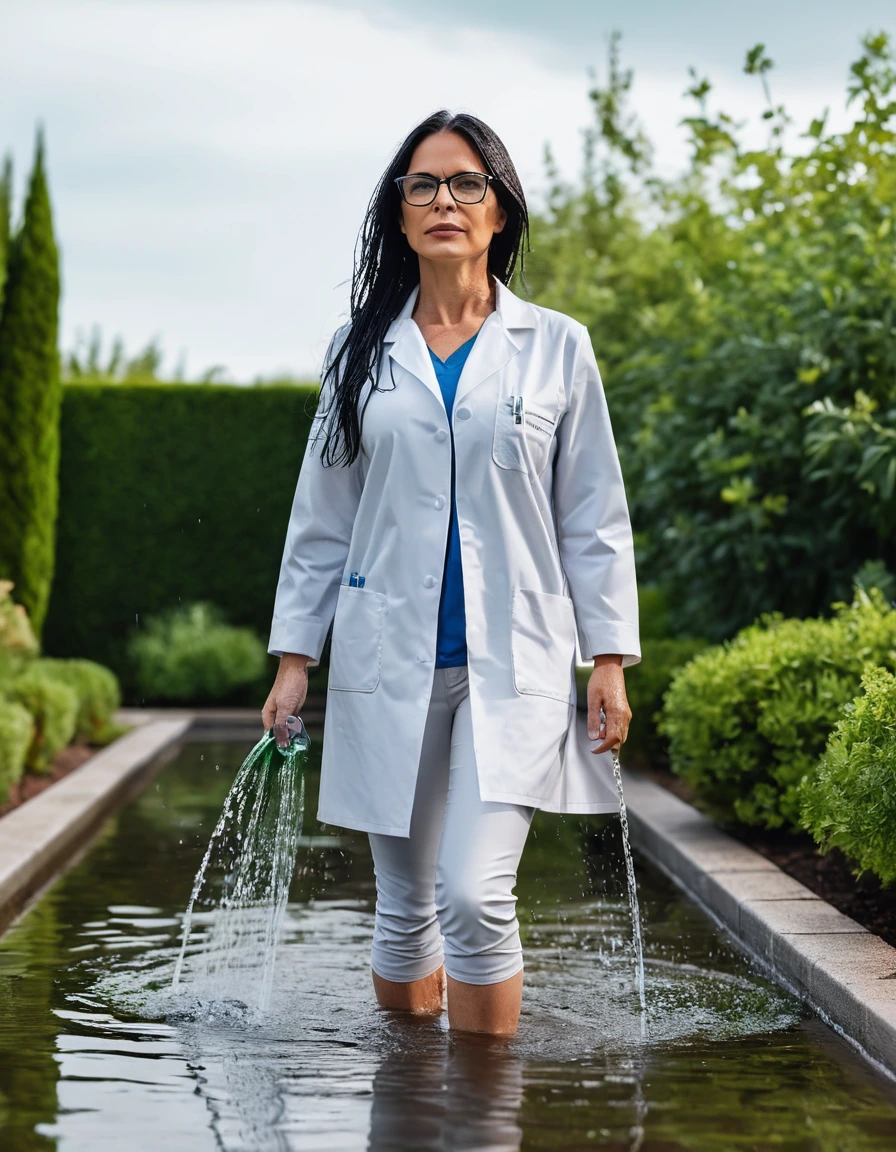 photo of young woman, in soaking wet, drenched clothes,
slippers, long tight white leather jeans, midi tight white medical labcoat with pockets, walking in garden submerged in deep water under sprinklers, 
enjoying, wet clothes stuck to body,
detailed textures of the wet clothes, wet face, wet plastered hair,
wet, drenched, professional, high-quality details, full body view.
sharp focus, ultra-high pixel detail, realistic, high-quality, full colors, incredibly detailed, 4k, 8k, 16k, hyper-realistic, RAW photo, masterpiece, ultra-detailed, professionally color graded, professional photograph, woman 51 years old, long black hair, very big and thick lips, office glasses, complete body, open mouth