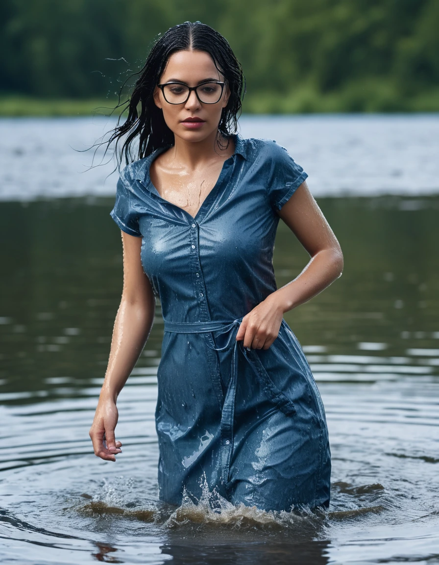 photo of young woman, in soaking wet, drenched clothes,
Sport shoes , midi tight blue jeans dress, midi tight blue jeans dress, walking in deep suuny lake, 
enjoying, wet clothes stuck to body,
detailed textures of the wet clothes, wet face, wet plastered hair,
wet, drenched, professional, high-quality details, full body view.
sharp focus, ultra-high pixel detail, realistic, high-quality, full colors, incredibly detailed, 4k, 8k, 16k, hyper-realistic, RAW photo, masterpiece, ultra-detailed, professionally color graded, professional photograph, woman 51 years old, long black hair, very big and thick lips, office glasses, complete body, open mouth