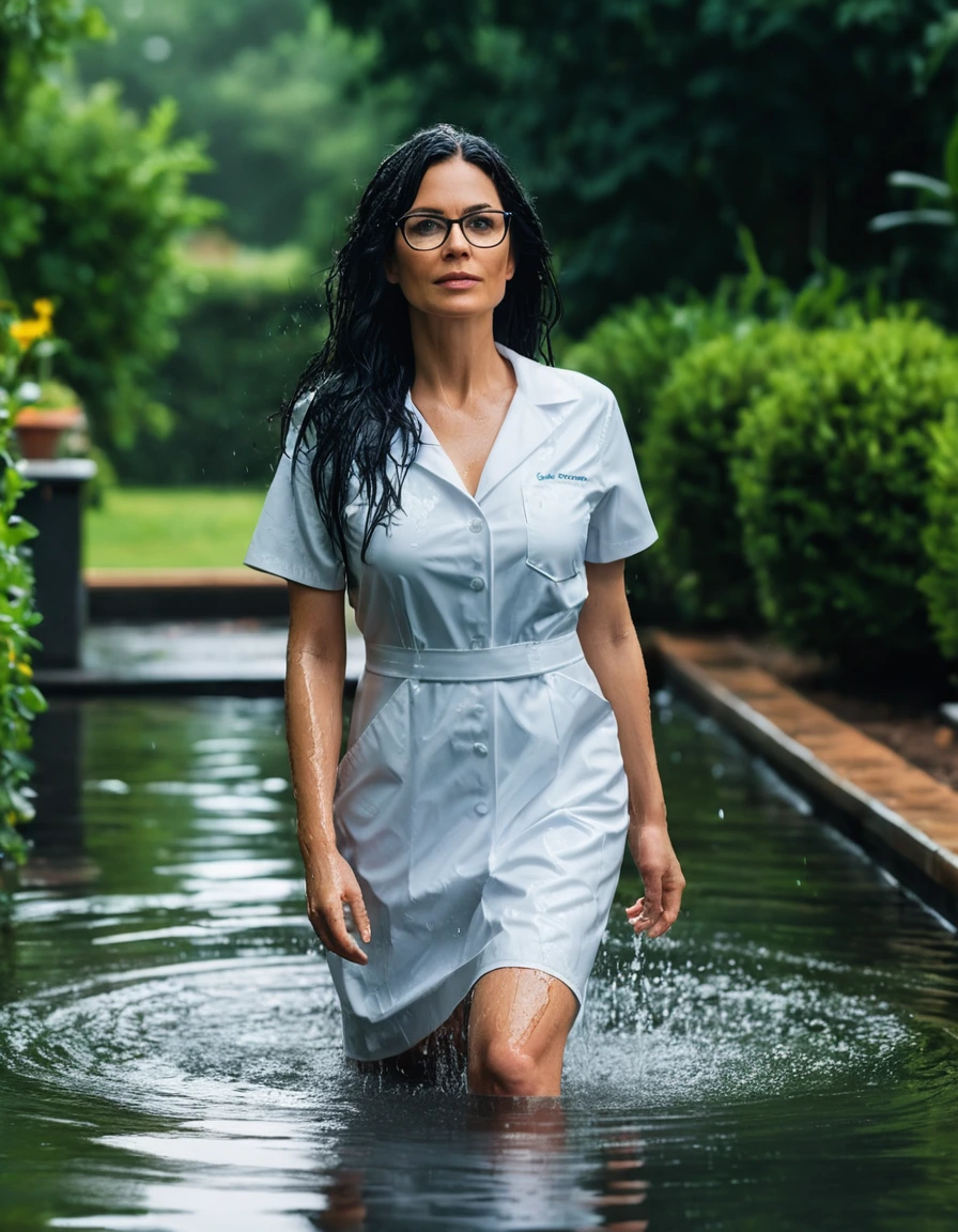 photo of young woman, in soaking wet, drenched clothes,
slippers, midi tight white medical dress with pockets, midi tight white medical dress with pockets, walking in garden submerged in deep water under sprinklers, 
enjoying, wet clothes stuck to body,
detailed textures of the wet clothes, wet face, wet plastered hair,
wet, drenched, professional, high-quality details, full body view.
sharp focus, ultra-high pixel detail, realistic, high-quality, full colors, incredibly detailed, 4k, 8k, 16k, hyper-realistic, RAW photo, masterpiece, ultra-detailed, professionally color graded, professional photograph, woman 51 years old, long black hair, very big and thick lips, office glasses, complete body, open mouth