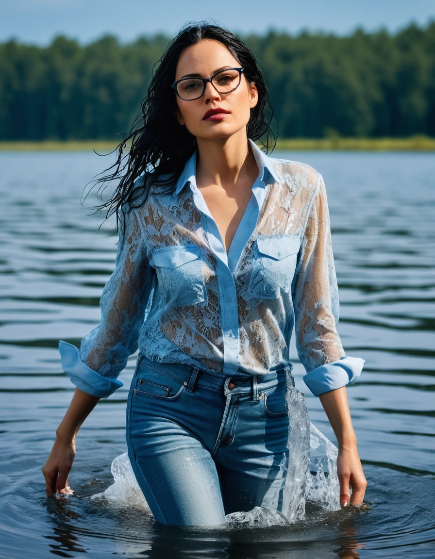 photo of young woman, in soaking wet, drenched clothes,
office shoes , long light blue jeans, light blue silk lace jeans shirt, walking submerged in sunny deep lake, 
enjoying, wet clothes stuck to body,
detailed textures of the wet clothes, wet face, wet plastered hair,
wet, drenched, professional, high-quality details, full body view.
sharp focus, ultra-high pixel detail, realistic, high-quality, full colors, incredibly detailed, 4k, 8k, 16k, hyper-realistic, RAW photo, masterpiece, ultra-detailed, professionally color graded, professional photograph, woman 51 years old, long black hair, very big and thick lips, office glasses, complete body, open mouth