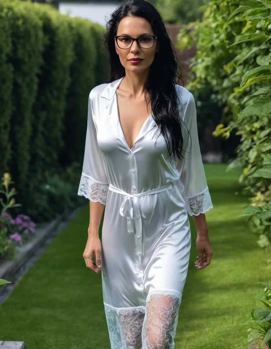 photo of young woman, in soaking wet, drenched clothes,
slippers, midi tight white silk lace pijama dress, midi tight white silk lace pijama dress, walking in garden, 
enjoying, wet clothes stuck to body,
detailed textures of the wet clothes, wet face, wet plastered hair,
wet, drenched, professional, high-quality details, full body view.
sharp focus, ultra-high pixel detail, realistic, high-quality, full colors, incredibly detailed, 4k, 8k, 16k, hyper-realistic, RAW photo, masterpiece, ultra-detailed, professionally color graded, professional photograph, woman 51 years old, long black hair, very big and thick lips, office glasses, complete body, open mouth
