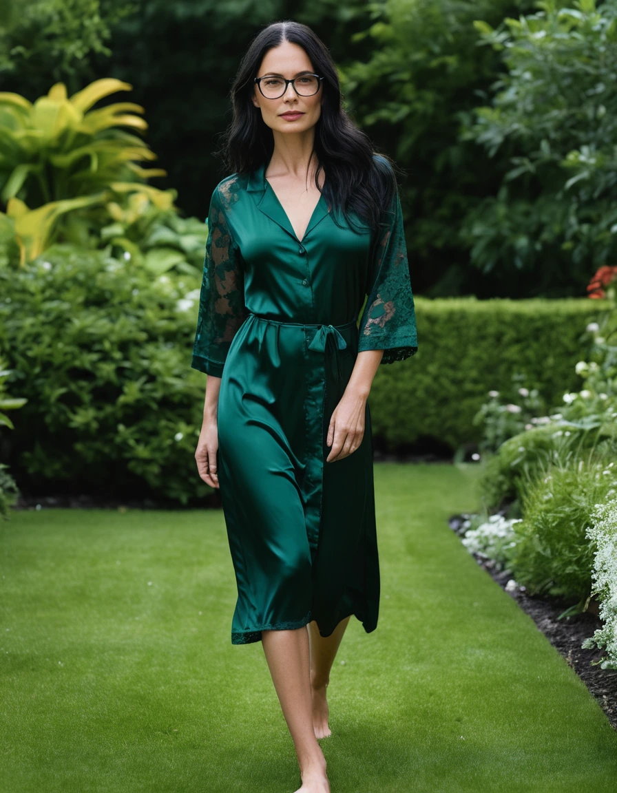 photo of young woman, in soaking wet, drenched clothes,
slippers, midi tight dark green silk lace pijama dress, midi tight dark green silk lace pijama dress, walking in garden, 
enjoying, wet clothes stuck to body,
detailed textures of the wet clothes, wet face, wet plastered hair,
wet, drenched, professional, high-quality details, full body view.
sharp focus, ultra-high pixel detail, realistic, high-quality, full colors, incredibly detailed, 4k, 8k, 16k, hyper-realistic, RAW photo, masterpiece, ultra-detailed, professionally color graded, professional photograph, woman 51 years old, long black hair, very big and thick lips, office glasses, complete body, open mouth