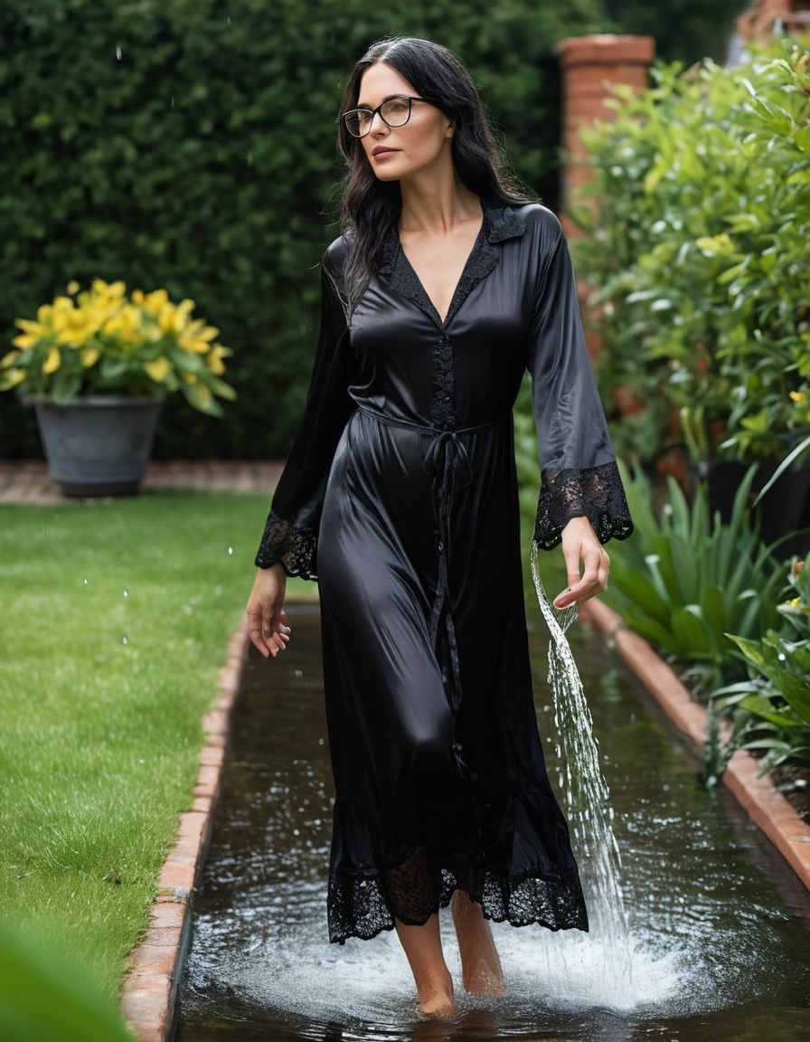 photo of young woman, in soaking wet, drenched clothes,
slippers, maxi tight black silk lace pijama dress, maxi tight black silk lace pijama dress, walking in garden under sprinklers, 
enjoying, wet clothes stuck to body,
detailed textures of the wet clothes, wet face, wet plastered hair,
wet, drenched, professional, high-quality details, full body view.
sharp focus, ultra-high pixel detail, realistic, high-quality, full colors, incredibly detailed, 4k, 8k, 16k, hyper-realistic, RAW photo, masterpiece, ultra-detailed, professionally color graded, professional photograph, woman 51 years old, long black hair, very big and thick lips, office glasses, complete body, open mouth