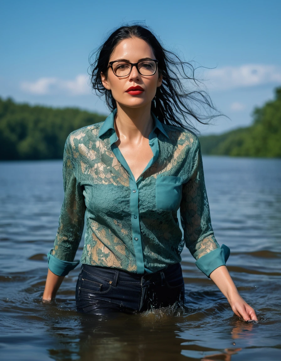 photo of young woman, in soaking wet, drenched clothes,
office shoes , long light blue tight jeans, dark green silk lace shirt, walking submerged in sunny deep lake, 
enjoying, wet clothes stuck to body,
detailed textures of the wet clothes, wet face, wet plastered hair,
wet, drenched, professional, high-quality details, full body view.
sharp focus, ultra-high pixel detail, realistic, high-quality, full colors, incredibly detailed, 4k, 8k, 16k, hyper-realistic, RAW photo, masterpiece, ultra-detailed, professionally color graded, professional photograph, woman 51 years old, long black hair, very big and thick lips, office glasses, complete body, open mouth