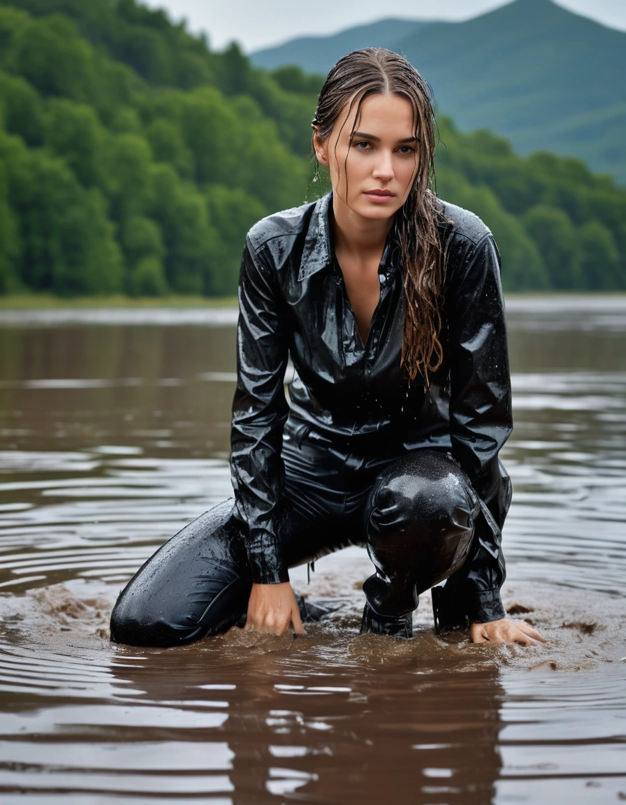 photo of young woman, in soaking wet, drenched clothes,
Muddy black leather knee-high high heeled boots, skin tight black leather jeans, black silk long sleeve leather shirt, Clear Mountain lake with heavy rain, laying submerged in the water, super close up, 
enjoying, wet clothes stuck to body,
detailed textures of the wet clothes, wet face, wet plastered hair,
wet, drenched, professional, high-quality details, full body view.
sharp focus, ultra-high pixel detail, realistic, high-quality, full colors, incredibly detailed, 4k, 8k, 16k, hyper-realistic, RAW photo, masterpiece, ultra-detailed, professionally color graded, professional photograph, white woman, long dripping wet brown hair