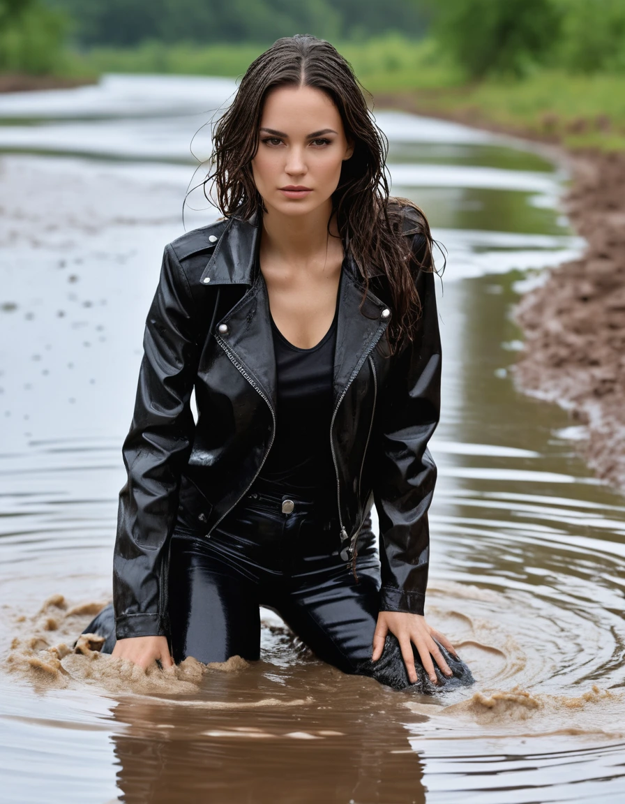 photo of young woman, in soaking wet, drenched clothes,
Muddy black leather knee-high high heeled boots, skin tight black leather jeans, black silk long sleeve leather shirt, black bikers leather jacket, black leather trench coat, lying in a mud river, water up to waist, very muddy shirts, super close up, 
enjoying, wet clothes stuck to body,
detailed textures of the wet clothes, wet face, wet plastered hair,
wet, drenched, professional, high-quality details, full body view.
sharp focus, ultra-high pixel detail, realistic, high-quality, full colors, incredibly detailed, 4k, 8k, 16k, hyper-realistic, RAW photo, masterpiece, ultra-detailed, professionally color graded, professional photograph, white woman, long dripping wet brown hair