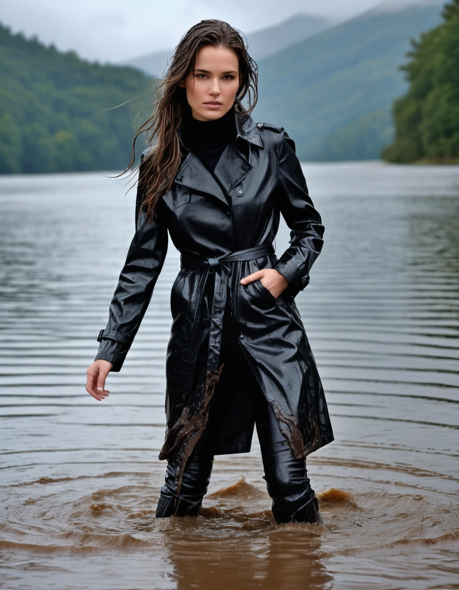photo of young woman, in soaking wet, drenched clothes,
Muddy black leather knee-high high heeled boots, skin tight black leather jeans, black silk long sleeve polar neck shirt, black leather trench coat, Clear Mountain lake with heavy rain, super close up, 
enjoying, wet clothes stuck to body,
detailed textures of the wet clothes, wet face, wet plastered hair,
wet, drenched, professional, high-quality details, full body view.
sharp focus, ultra-high pixel detail, realistic, high-quality, full colors, incredibly detailed, 4k, 8k, 16k, hyper-realistic, RAW photo, masterpiece, ultra-detailed, professionally color graded, professional photograph, white woman, long dripping wet brown hair