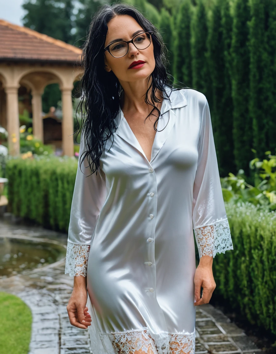 photo of young woman, in soaking wet, drenched clothes,
slippers, midi tight white silk lace pijama dress, midi tight white silk lace pijama dress, walking in garden, 
enjoying, wet clothes stuck to body,
detailed textures of the wet clothes, wet face, wet plastered hair,
wet, drenched, professional, high-quality details, full body view.
sharp focus, ultra-high pixel detail, realistic, high-quality, full colors, incredibly detailed, 4k, 8k, 16k, hyper-realistic, RAW photo, masterpiece, ultra-detailed, professionally color graded, professional photograph, woman 51 years old, long black hair, very big and thick lips, office glasses, complete body, open mouth