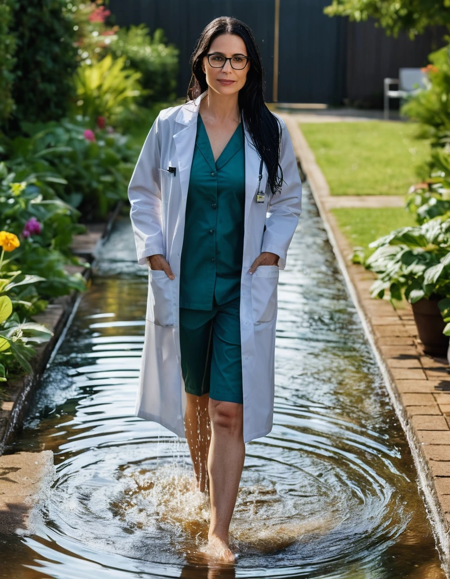 photo of young woman, in soaking wet, drenched clothes,
slippers, midi tight white medical labcoat with pockets, midi tight white medical labcoat with pockets, walking in garden submerged in deep water under sprinklers, 
enjoying, wet clothes stuck to body,
detailed textures of the wet clothes, wet face, wet plastered hair,
wet, drenched, professional, high-quality details, full body view.
sharp focus, ultra-high pixel detail, realistic, high-quality, full colors, incredibly detailed, 4k, 8k, 16k, hyper-realistic, RAW photo, masterpiece, ultra-detailed, professionally color graded, professional photograph, woman 51 years old, long black hair, very big and thick lips, office glasses, complete body, open mouth
