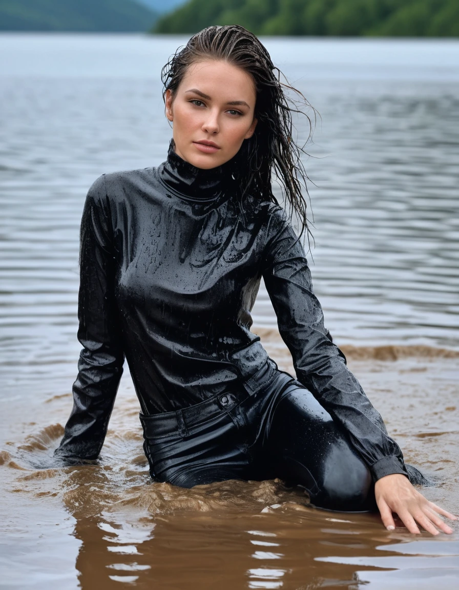 photo of young woman, in soaking wet, drenched clothes,
Muddy black leather knee-high high heeled boots, skin tight black leather jeans, black silk long sleeve polar neck shirt, Clear Mountain lake with heavy rain, laying submerged in the water, super close up, 
enjoying, wet clothes stuck to body,
detailed textures of the wet clothes, wet face, wet plastered hair,
wet, drenched, professional, high-quality details, full body view.
sharp focus, ultra-high pixel detail, realistic, high-quality, full colors, incredibly detailed, 4k, 8k, 16k, hyper-realistic, RAW photo, masterpiece, ultra-detailed, professionally color graded, professional photograph, white woman, long dripping wet brown hair