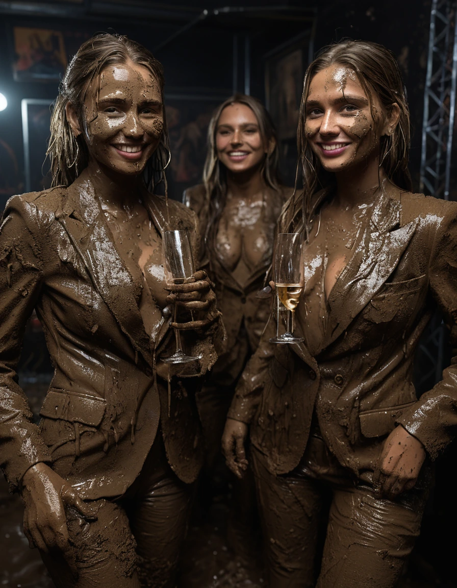 photo of young woman, in soaking wet, drenched clothes,
Muddy high heels, Long very muddy suit pants, Full muddy ruined fully-opened sexy blazer like a fancy uniform over topless with super sexy cleavage and exposed large boobs., Dark muddy indoor disco club at night. Deep mud on the floor, mud splashed walls, dripping mud from above, very dark mood lighting with pink and blue neon lights from above. Muddy chairs and sofas in the background. , 
enjoying, wet clothes stuck to body,
detailed textures of the wet clothes, wet face, wet plastered hair,
wet, drenched, professional, high-quality details, full body view.
sharp focus, ultra-high pixel detail, realistic, high-quality, full colors, incredibly detailed, 4k, 8k, 16k, hyper-realistic, RAW photo, masterpiece, ultra-detailed, professionally color graded, professional photograph, Three cute blonde 16 years old beautiful gleaming teen girls with childish appearance are wallowing together in the muddy pool after a full dip in it and holding a glass of champagne in their hands during the crazy muddy indoor disco party at night and posing for a professional photo. They are proudly wearing their fully and heavily mud-covered unbuttoned and opened sexy suits which fully exposing their large sexy muddy boobs. Focus on the large cleavages of the blazers and on the bravely displayed large muddy boobs and nipples. Every small details of the clothes are muddy, clean beautiful faces, muddy chests and boobs. Their blazer has the same colour as their muddy pants. The classy elegant disco club is totally destroyed by mud, mud spots everywhere, mud flows down on the walls, mud on the furnitures in the background. Straight muddy very long open wavy hairstyle, muddy hair, smiling childish and satisfied beautiful clean faces, blue eyes, earrings, lipstick. The girls are enjoying to being total muddy in the muddy pool, being sexy, naughty while they are enjoying the muddy fetish party. Realistic muddy boobs and photorealistic detailed smiling facial expressions. Intimate close-up picture about the girls. Close-up photo from front view, highly realistic representation, ultra sharp focus, highly photorealistic detailed textures, highly photorealistic detailed facial features and expressions, highly photorealistic hands, highly emotional reactions, highly best quality, highly sharp photorealistic image, highly photorealistic details, full UHD resolution, 32 K, very high level of detail and image sharpness, zoomed in